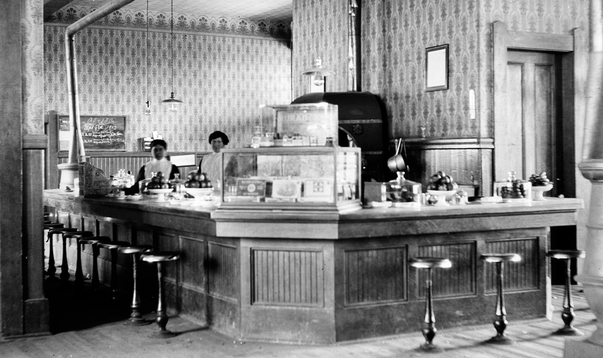 A photograph of a Harvey House lunchroom in New Mexico taken in the late 1800s.