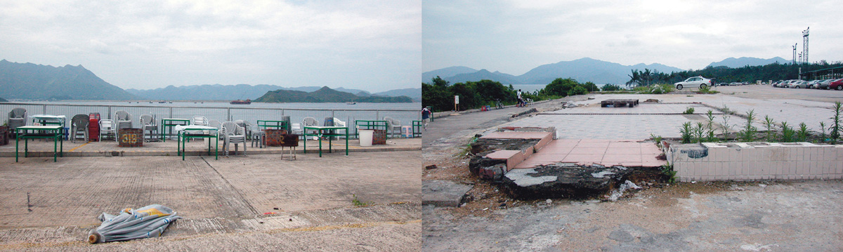 A photographic diptych of empty tables and chairs on the shore and a dilapidated parking space.