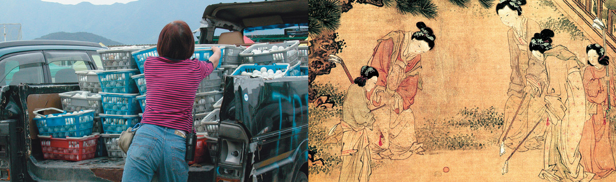 A photographic diptych of a woman loading crates of golf balls into a truck and a detail from a Ming dynasty painting of court women.