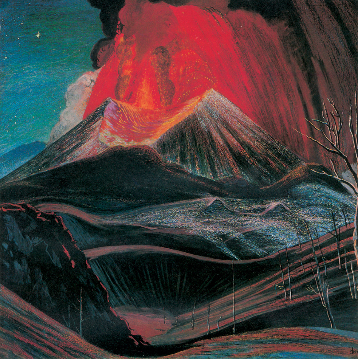 Artist Dr. Atl's 1943 oil and pastel drawing of an erupting volcano, titled 