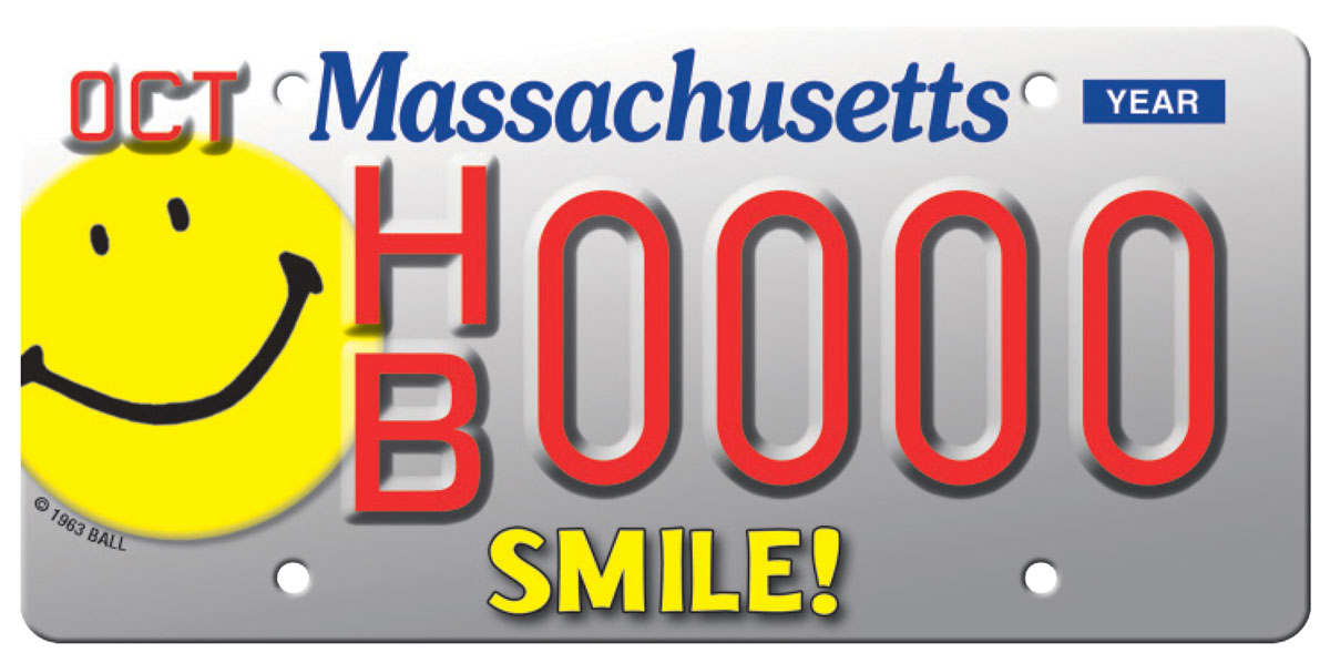 An image of the proposed Massachusetts smiley license plate design. 