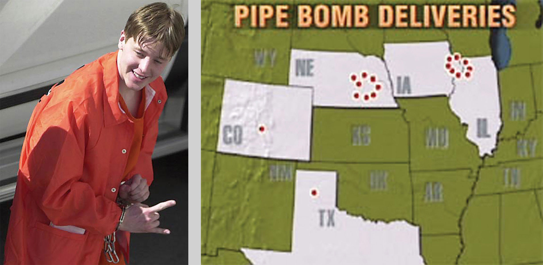 A photograph of Luke Helder, known as the “smiley face bomber,” and a map of his pipe bomb deliveries.