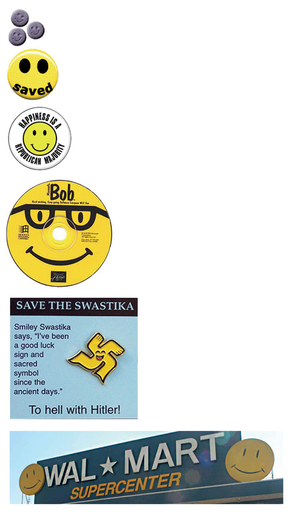 An image depicting a range of smiley face objects from smiley Ecstasy pills to a smiley Walmart sign.