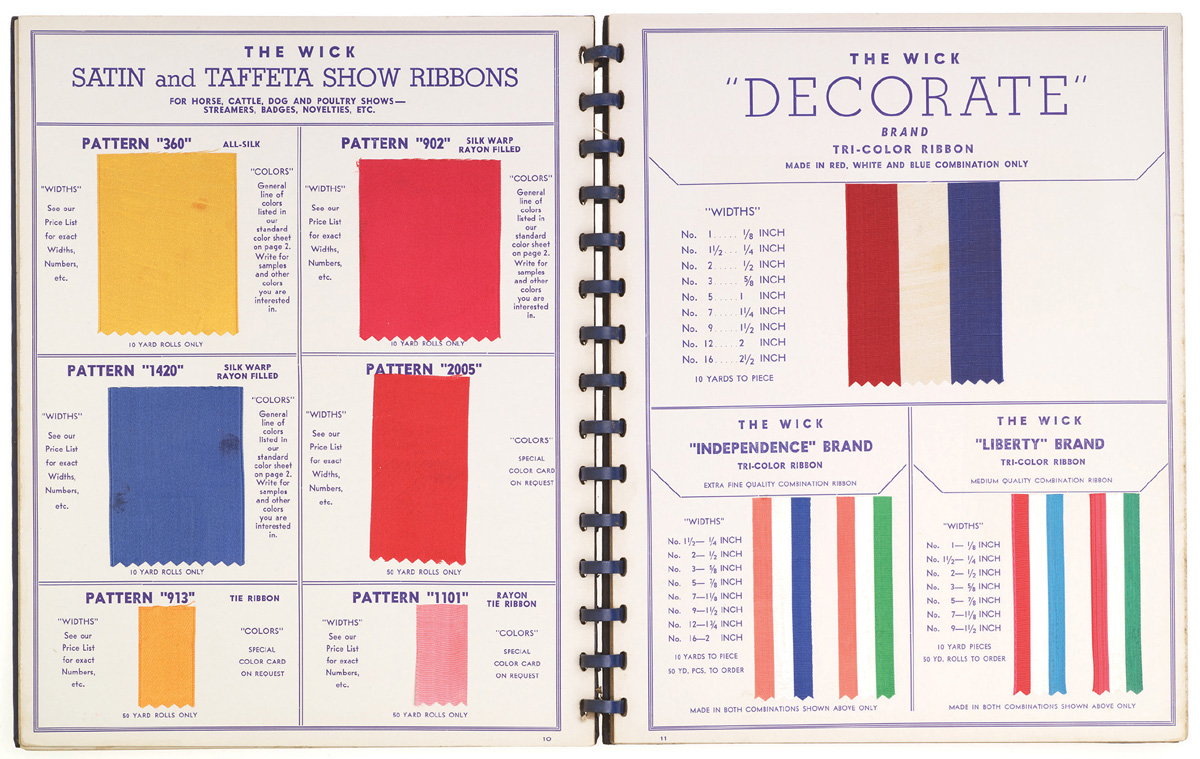 A photograph of a spread from a 1940s Wick ribbon catalogue.