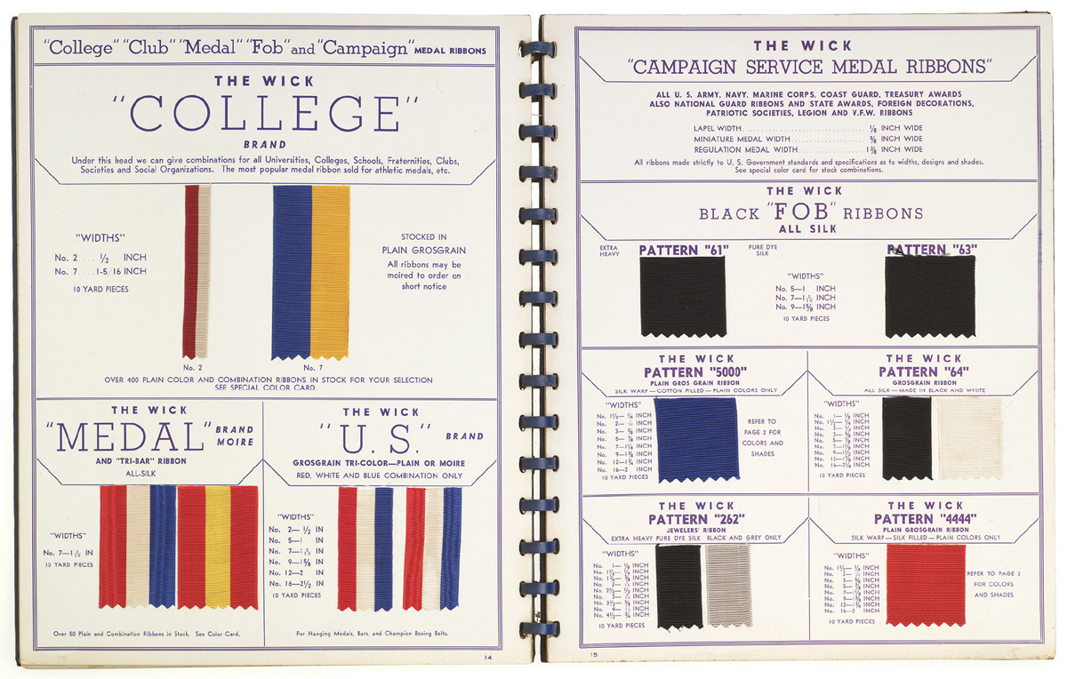 A photograph of a spread from a 1940s Wick ribbon catalogue.