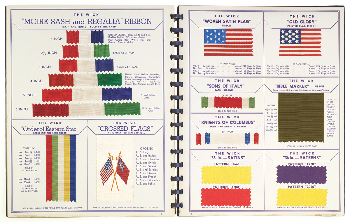 A photograph of a spread from a 1940s Wick ribbon catalogue.