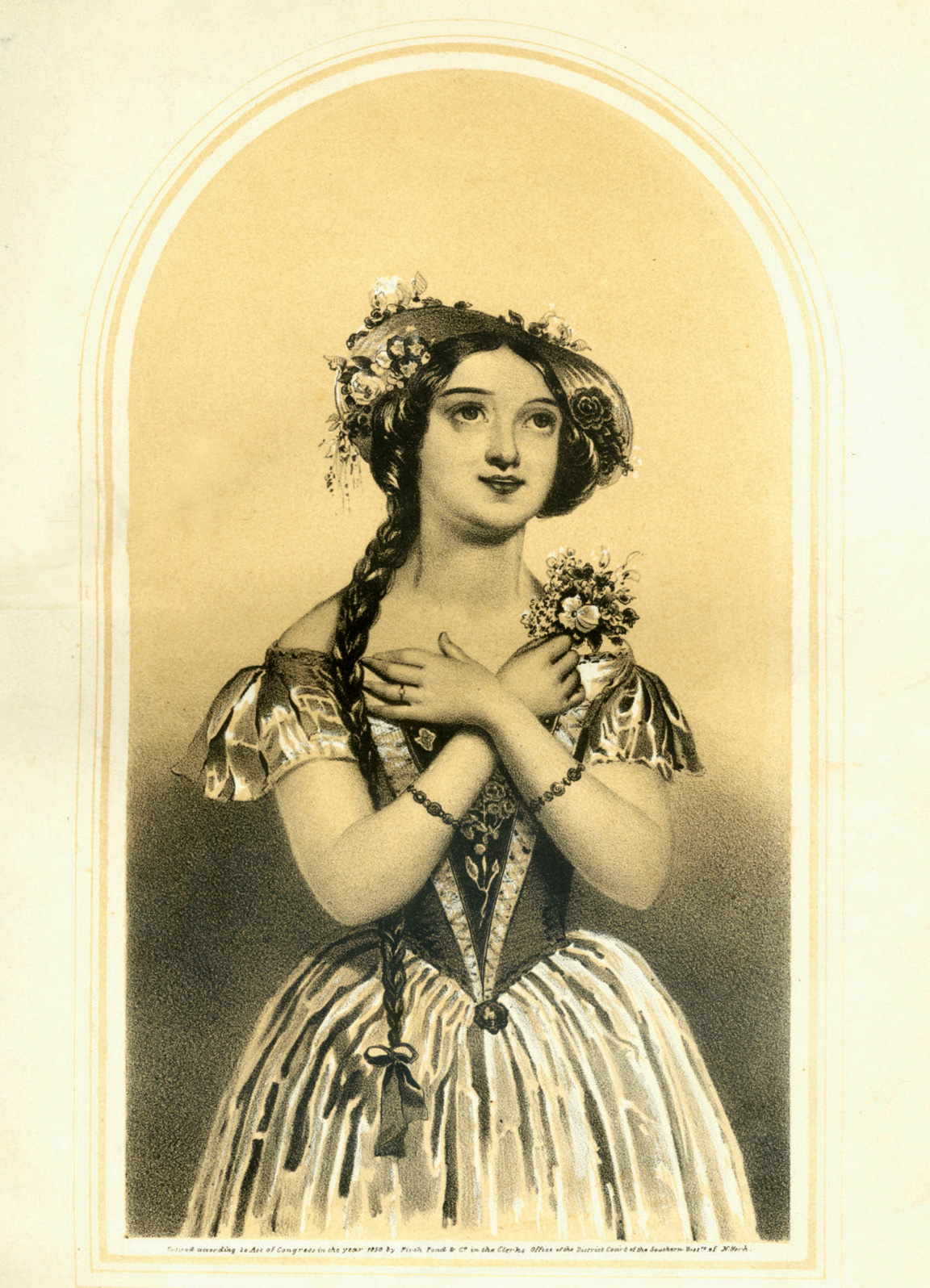 The frontispiece of composer Vincenzo Bellini’s sheet music of “Do Not Mingle, One Human Feeling,” illustrating Jenny Lind performing as Amina from the 1831 opera “La Sonnambula.”