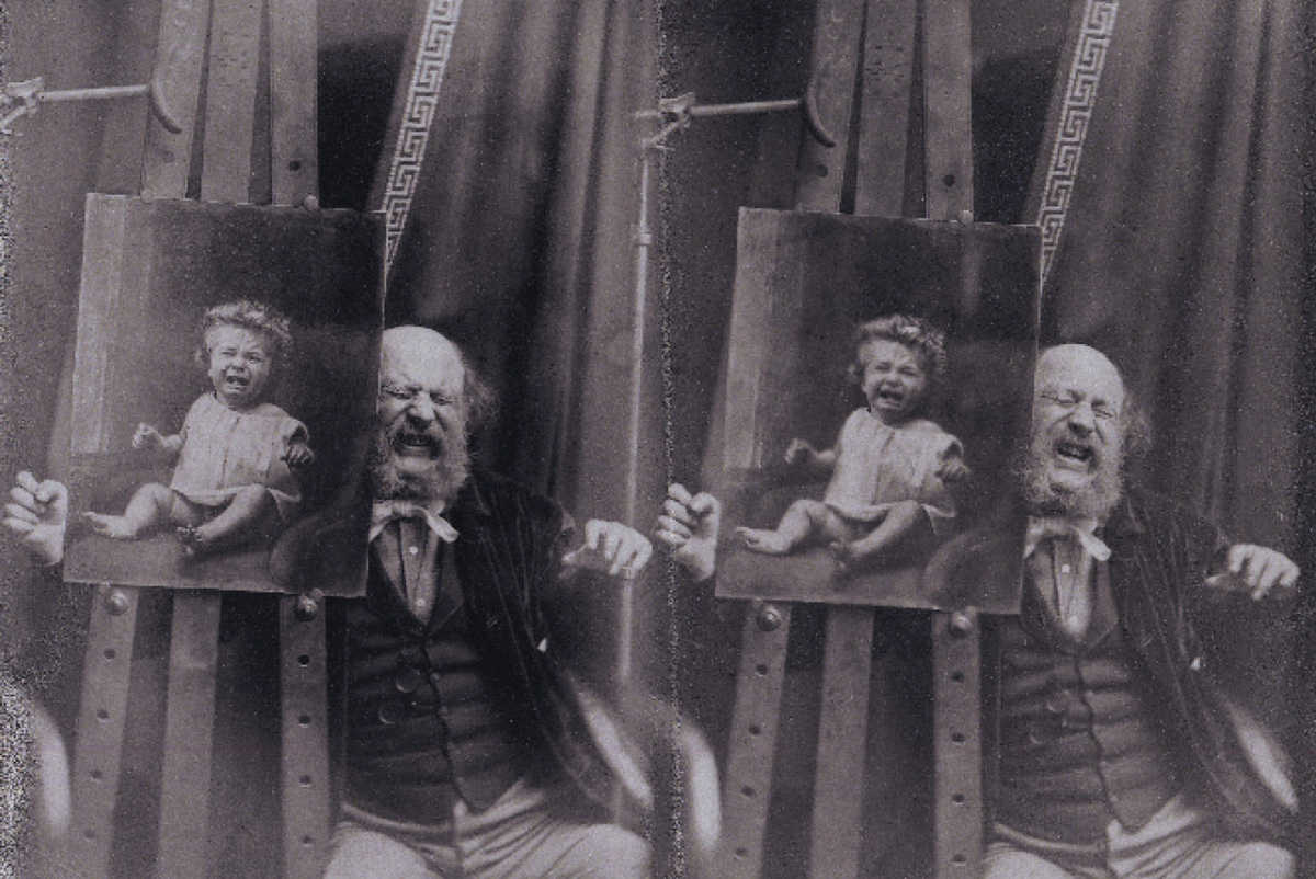 Two photographs showing the Swedish photographer Oscar Rejlander mimicking the facial expression of his portrait of a screaming infant. On the back of these photographs, which were taken for Charles Darwin, Rejlander wrote: “There I laughed! Ha! Ha! Ha! In the other I cried — e, e, e, e, Yet how similar the expression.”