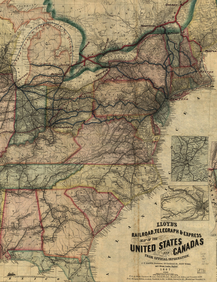 Detail from 1867 map depicting railroad and telegraph lines. Source: Library of Congress. 