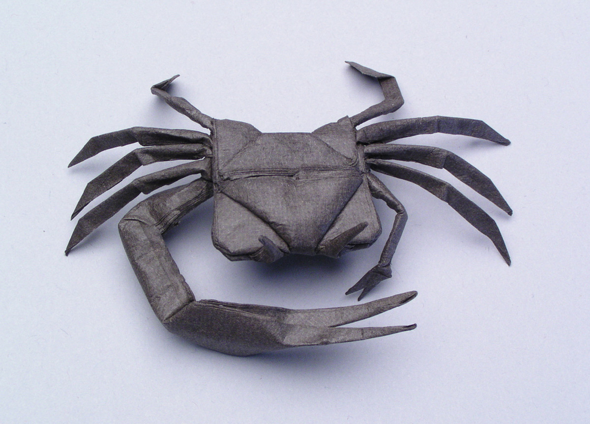 A photograph of Robert Lang's origami crab, titled