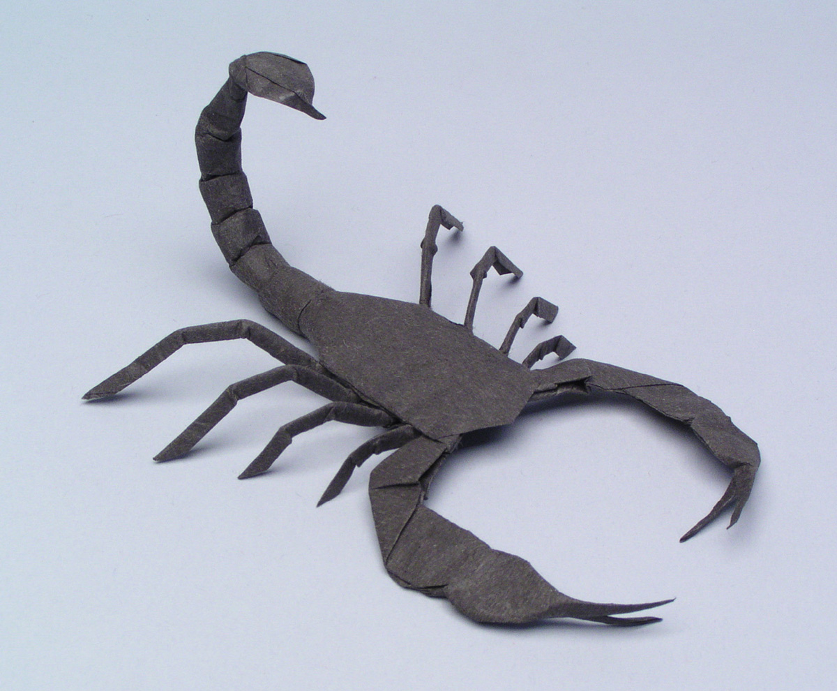 A photograph of Robert Lang's origami scorpion, titled