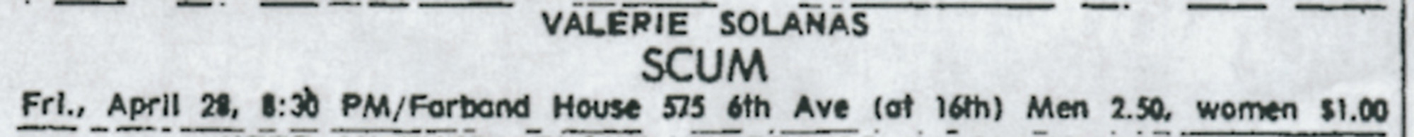 SCUM advertisement in the classifieds of the 27 April 1967 issue of The Village Voice.