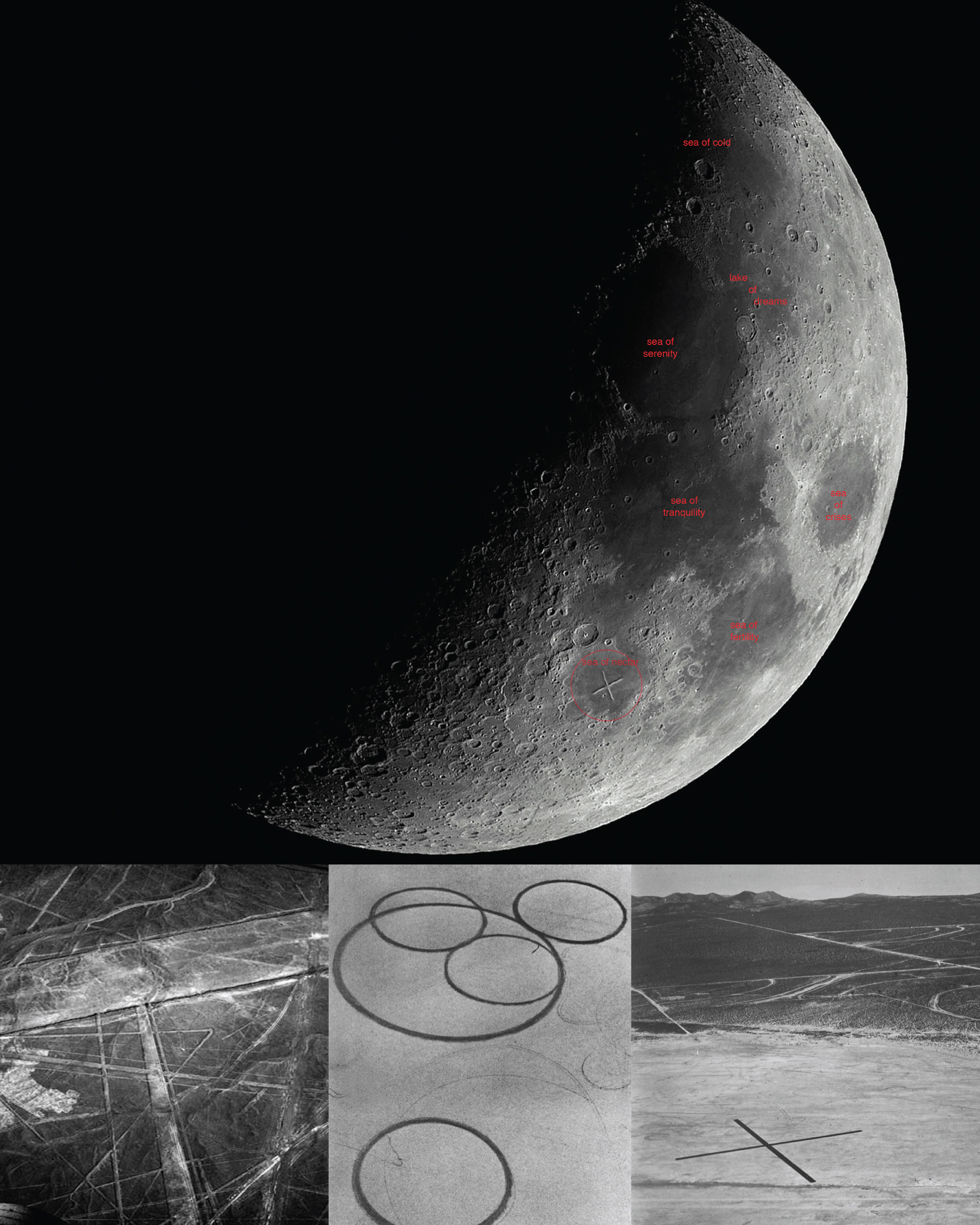 Four images showing the surface of the moon, and geometric tracks left in the dust.