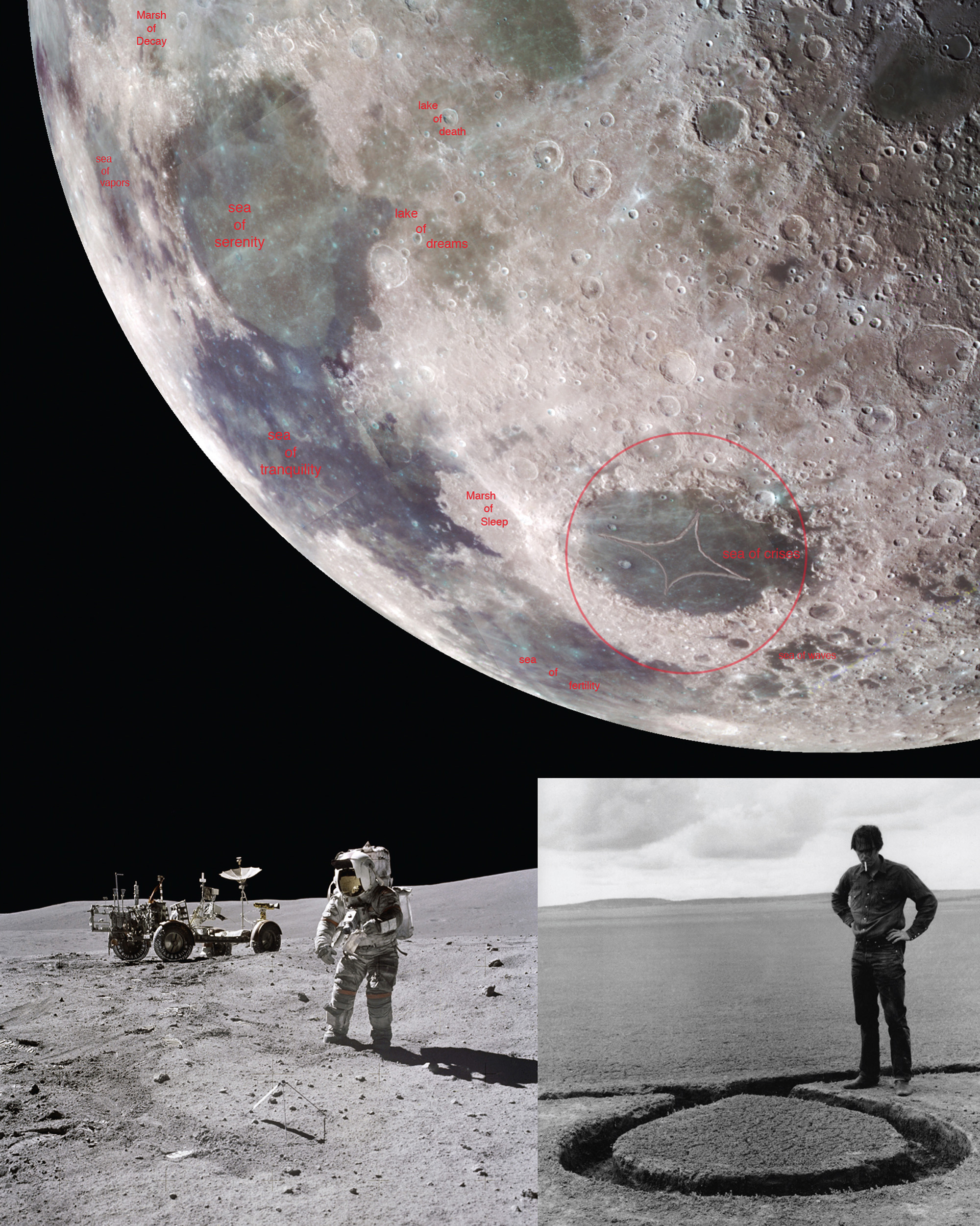 Three images showing the surface of the moon, an astronaut on the moon, and a man standing above a dug out trench.