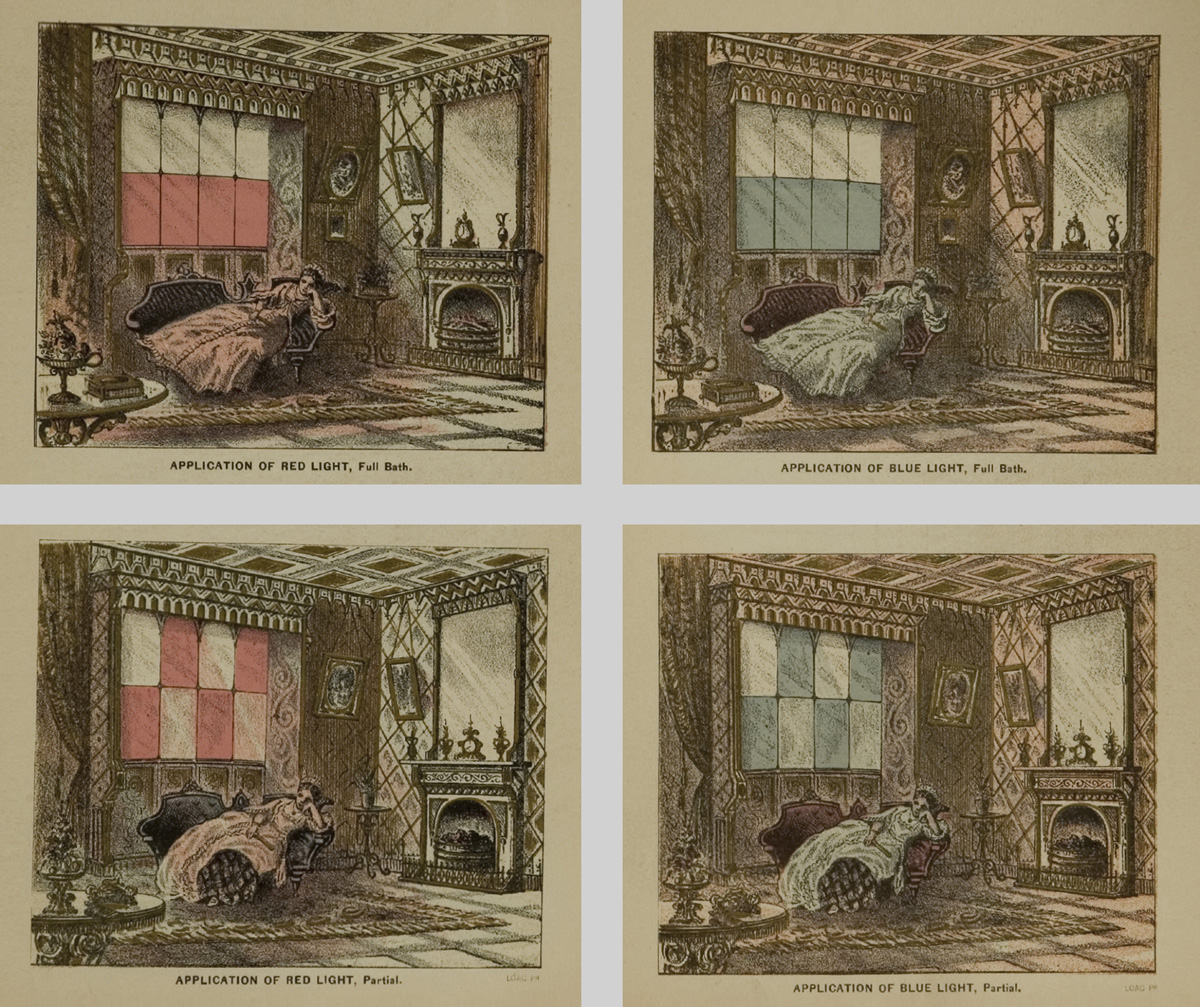 Four 1877 illustrations of a lady bathing in red and blue light from Seth Pancoast’s work titled “Blue and Red Light: or, Light and its Rays as Medicine.”