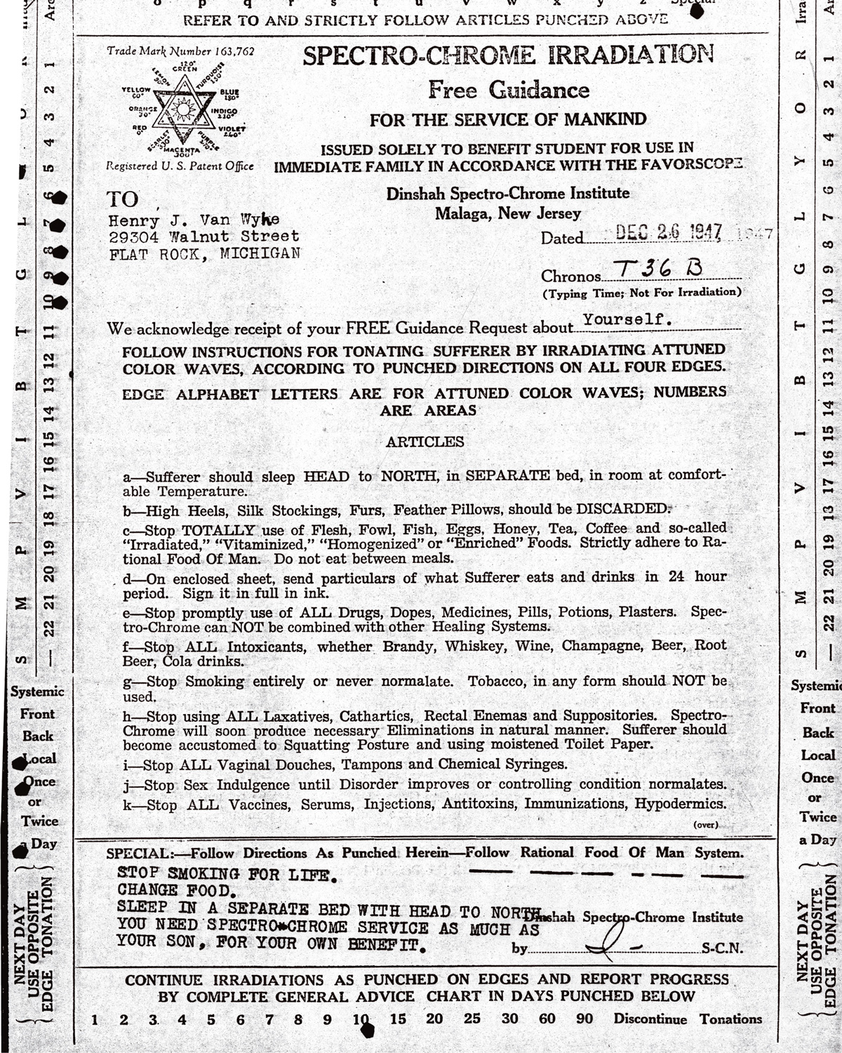 An image of Ghadiali’s “Free Guidance Chart” from 1947.