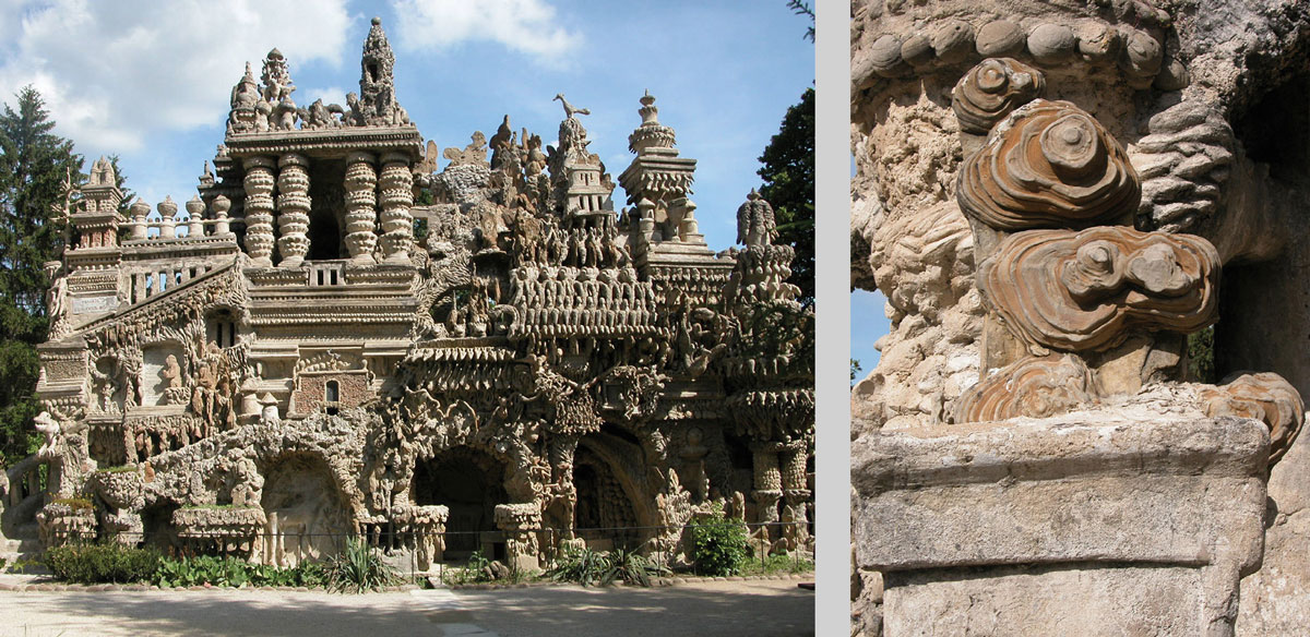A photograph showing a view of the north side of Joseph-Ferdinand Cheval’s “Palais idéal”, constructed between 1879–1912, and a detail of the “stumbling stone.” 