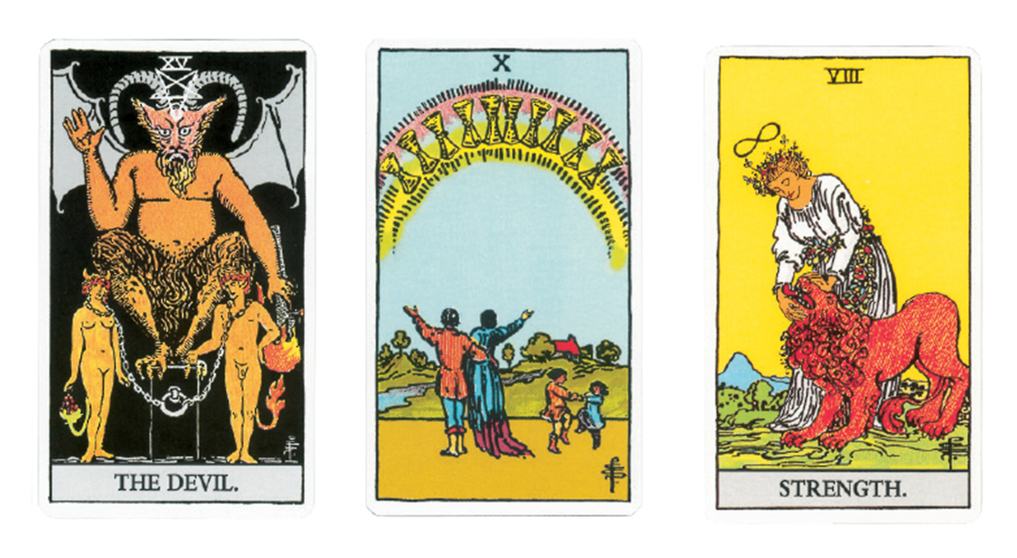 A photograph of three Tarot cards, including “The Devil,” and “Strength.”