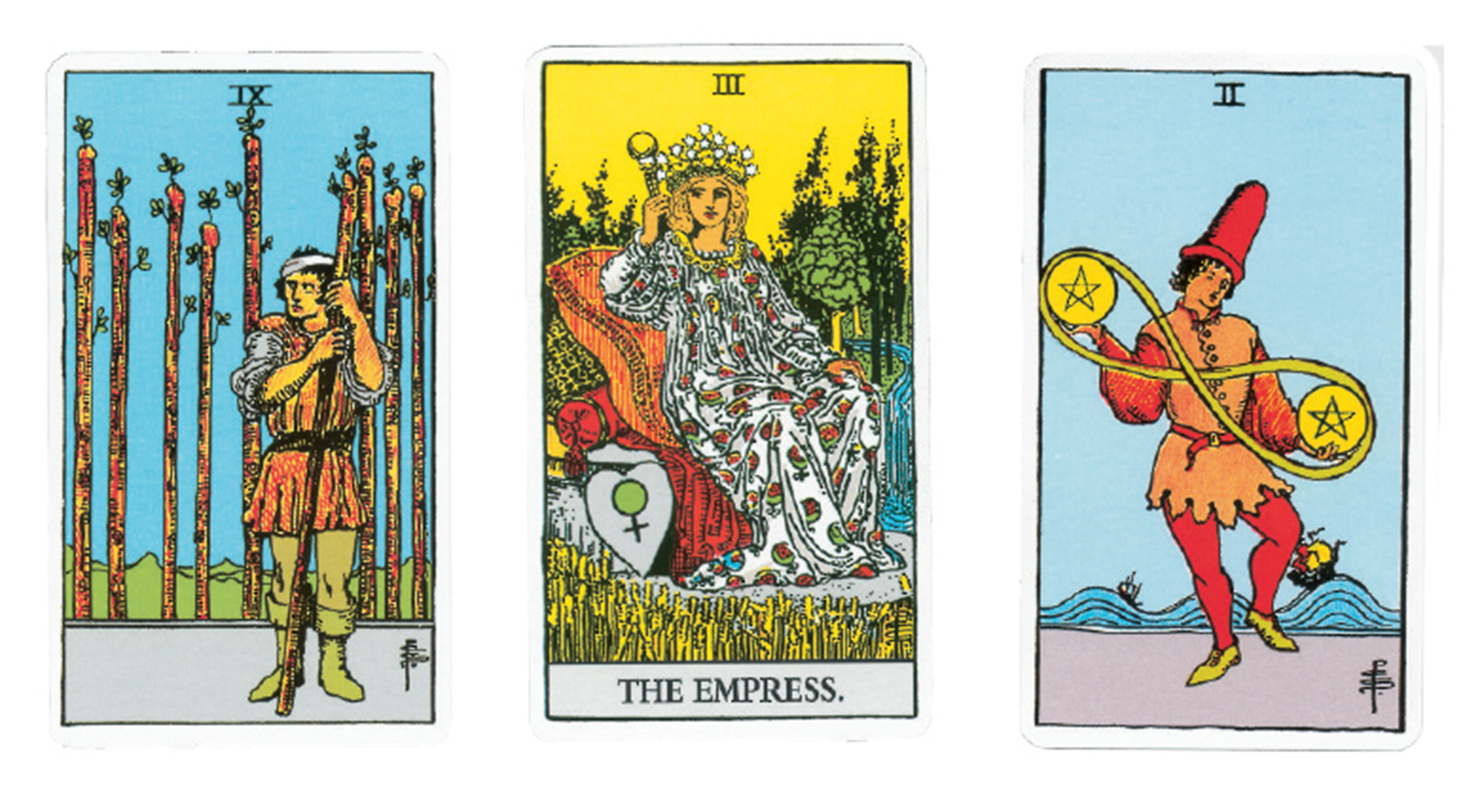 A photograph of three Tarot cards, including “The Empress.”