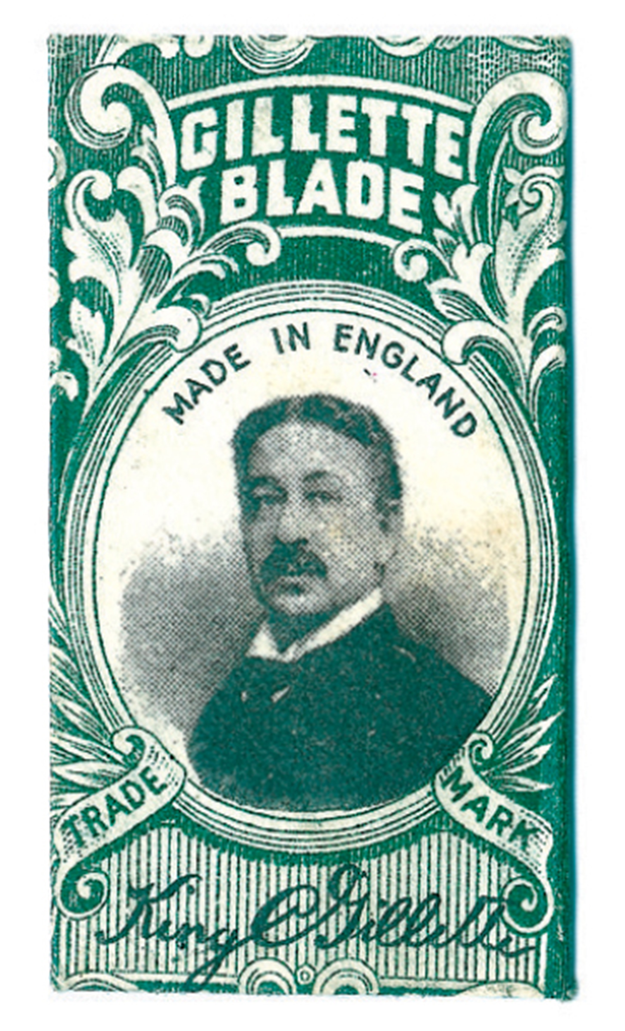 An image of a Gillette razor wrapper from the early twentieth century depicting a portrait of Gillette’s inventor, King C. Gillette.