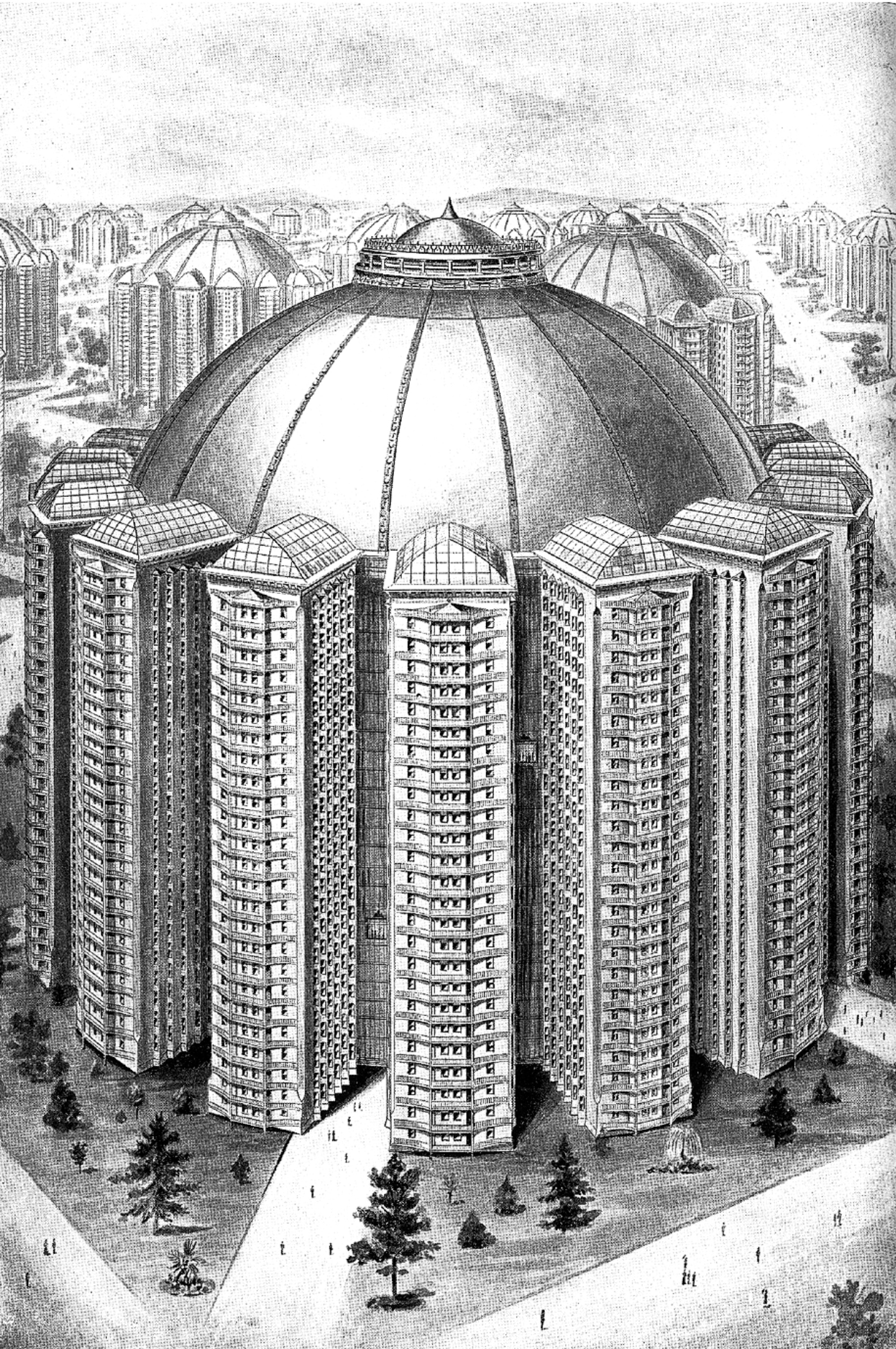 An illustration from King Camp Gillette’s 1894 utopian work, titled “The Human Drift.” It depicts a futuristic building alongside a caption that reads: “A perspective view of a complete building and its imaginary surroundings. Here we see the tiers of apartments arranged in a circle and joined at the back, and the interior court thus formed is surmounted by a dome of metal and glass.”