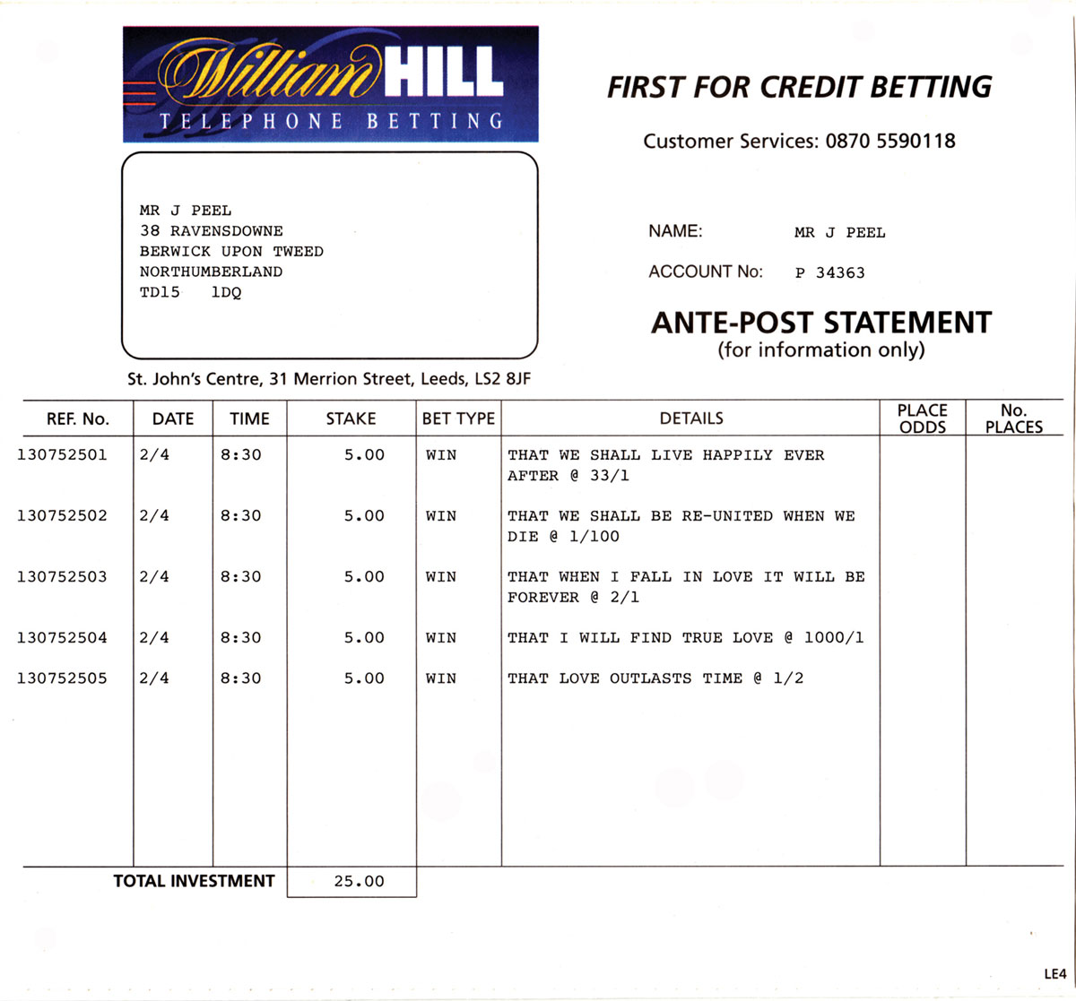 James Peel’s William Hill betting slip offering odds on various propositions including “That we shall be re-united when we die at 1 to 100” and “That love outlasts time at 1 to 2.”