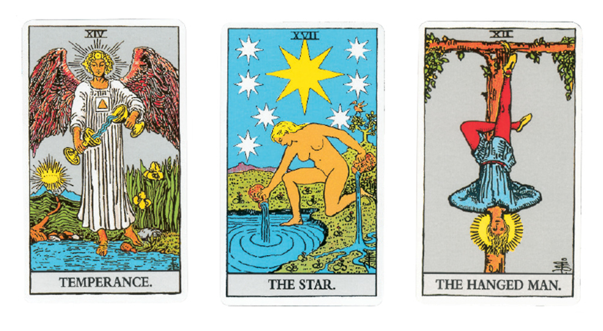 “Temperance,” “The star,” and “The hanged man” Tarot cards.
