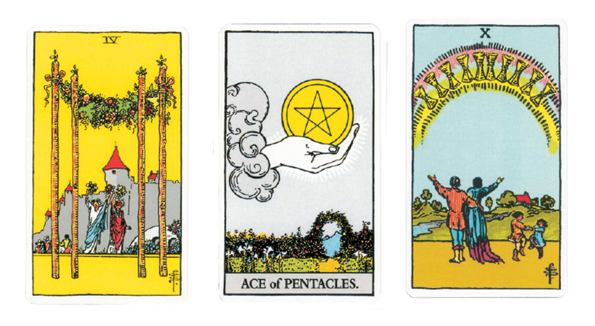 A photograph of three Tarot cards. 