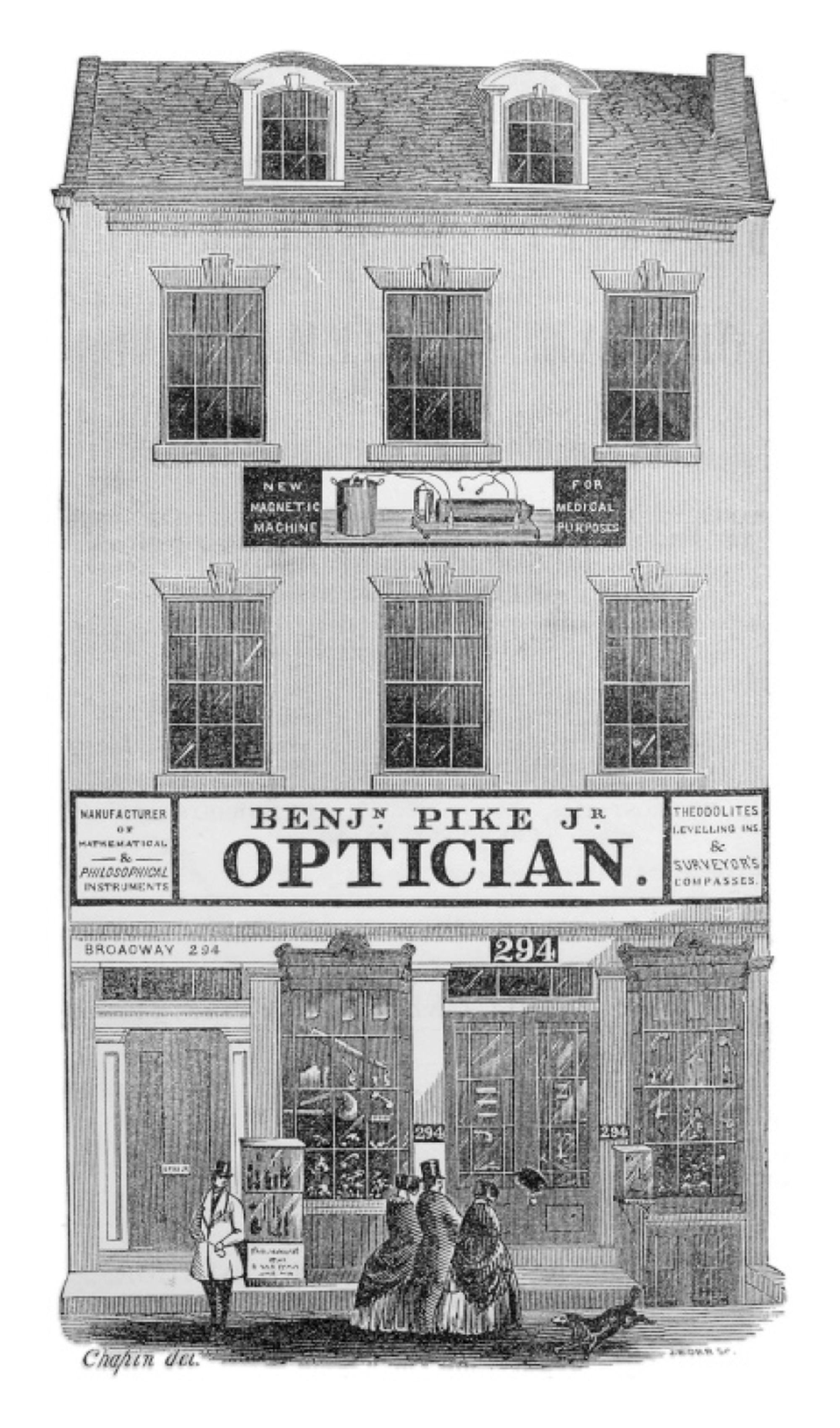 An illustration of 294 Broadway, Benjamin Pike Jr’s optician shop opened in 1840s. 