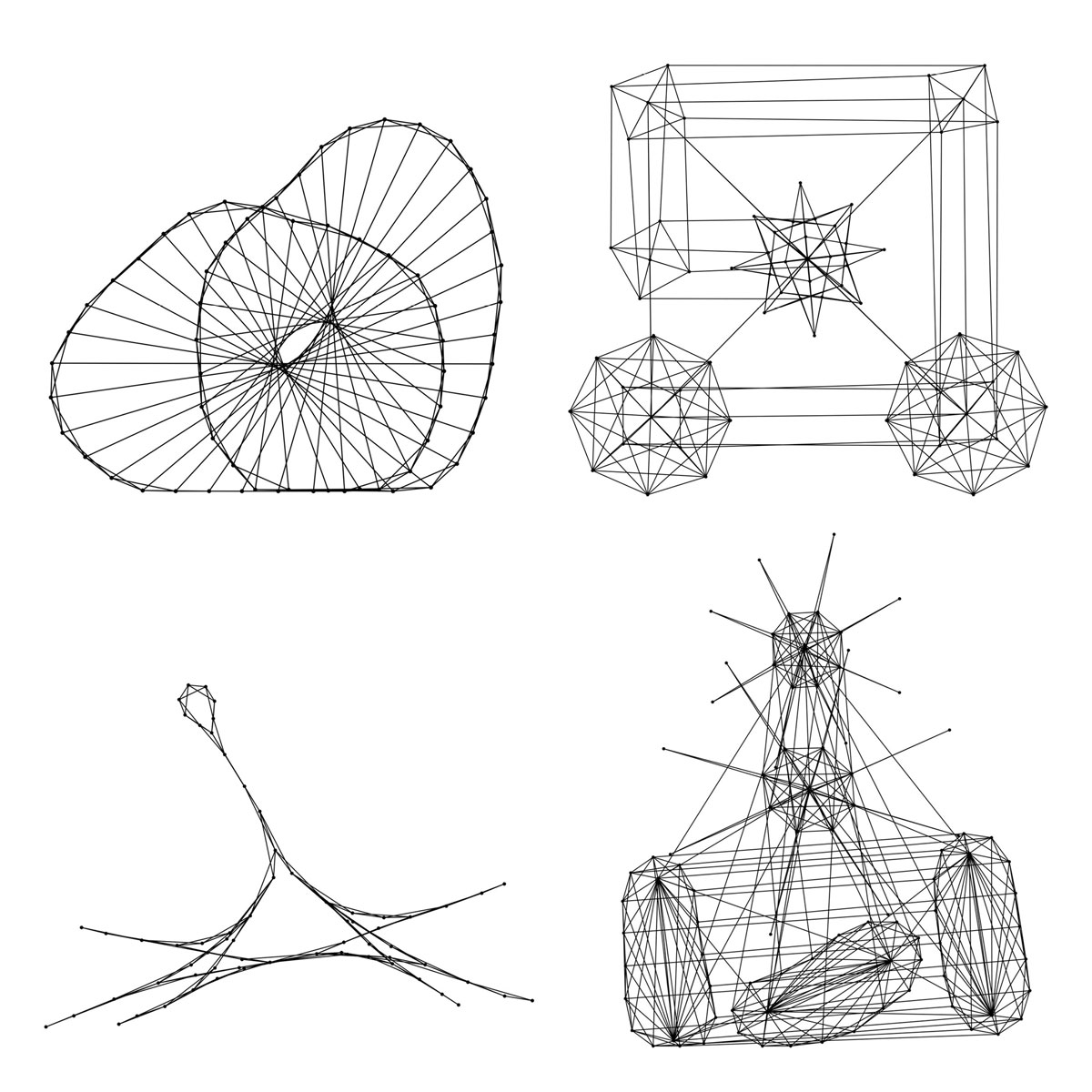 A digital illustration of four geometric models resembling living organisms, created through a program called sodaconstructor. 