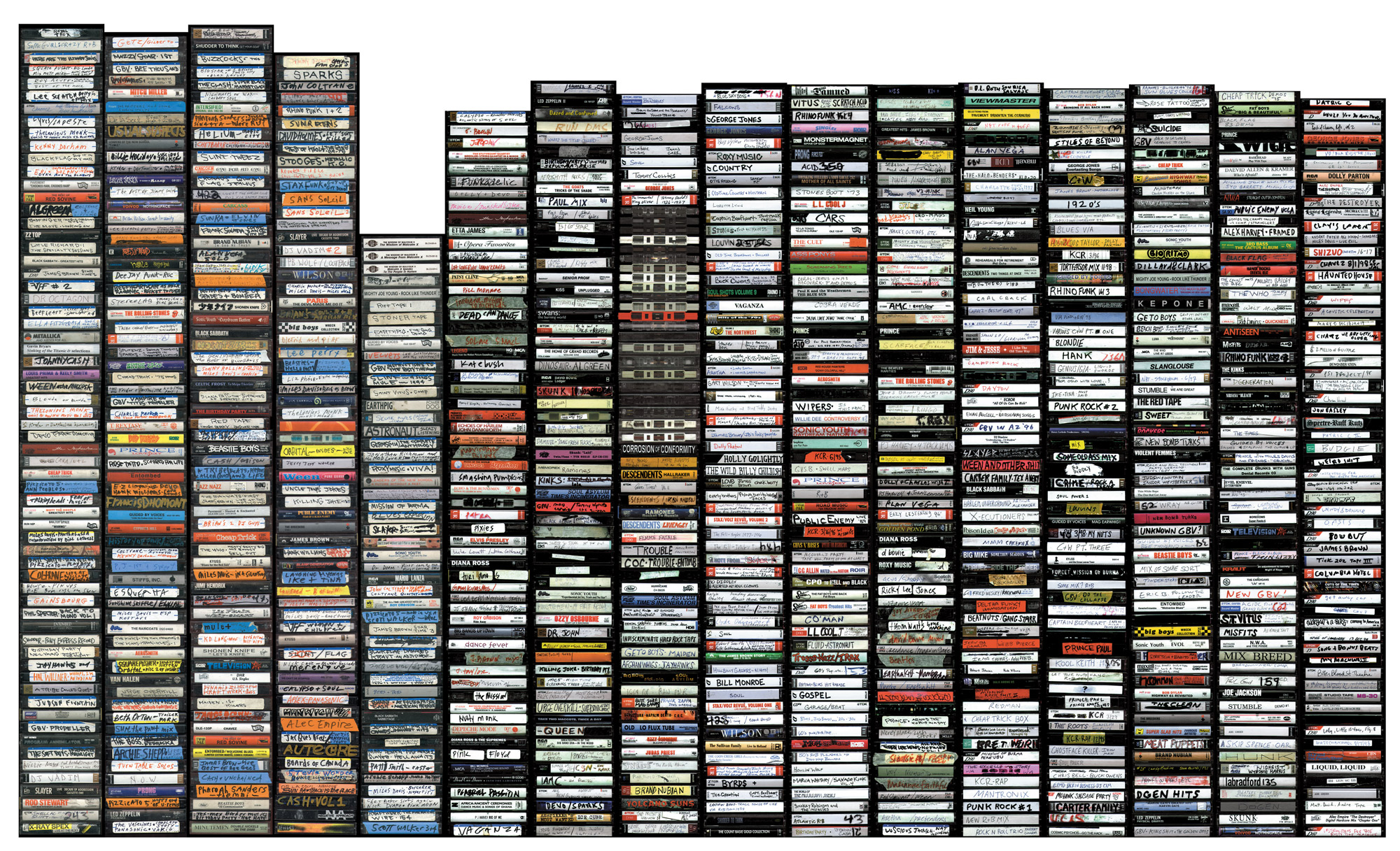 A 2000 photograph by artist Stephan Apicella-Hitchcock of musical cassette tapes entitled “Core Samples: Me, Paul, Matt, Gabriella, Brian, Steve.”