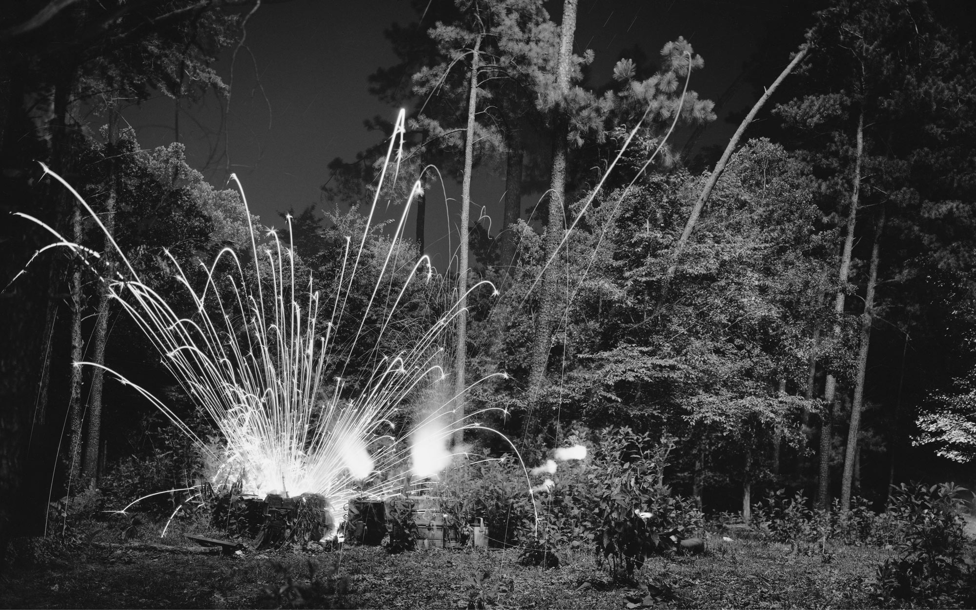 An untitled photograph by artist An-My Lê of an explosion in a forest created as part of a Vietnam War reenactment.