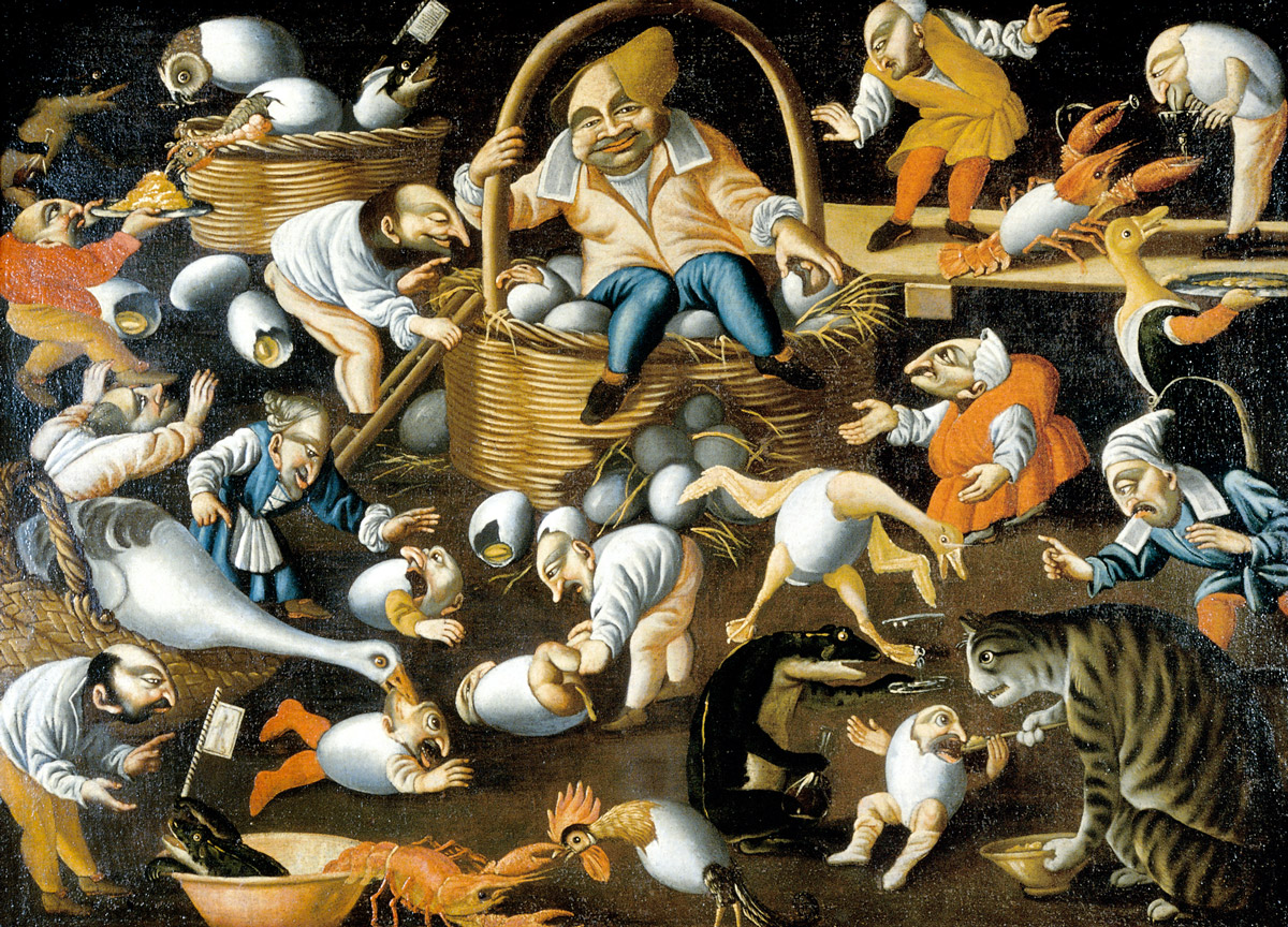 A painting, from circa 1700–1750, attributed to a follower of Faustino Bocchi, entitled “The Fertility of the Egg.”