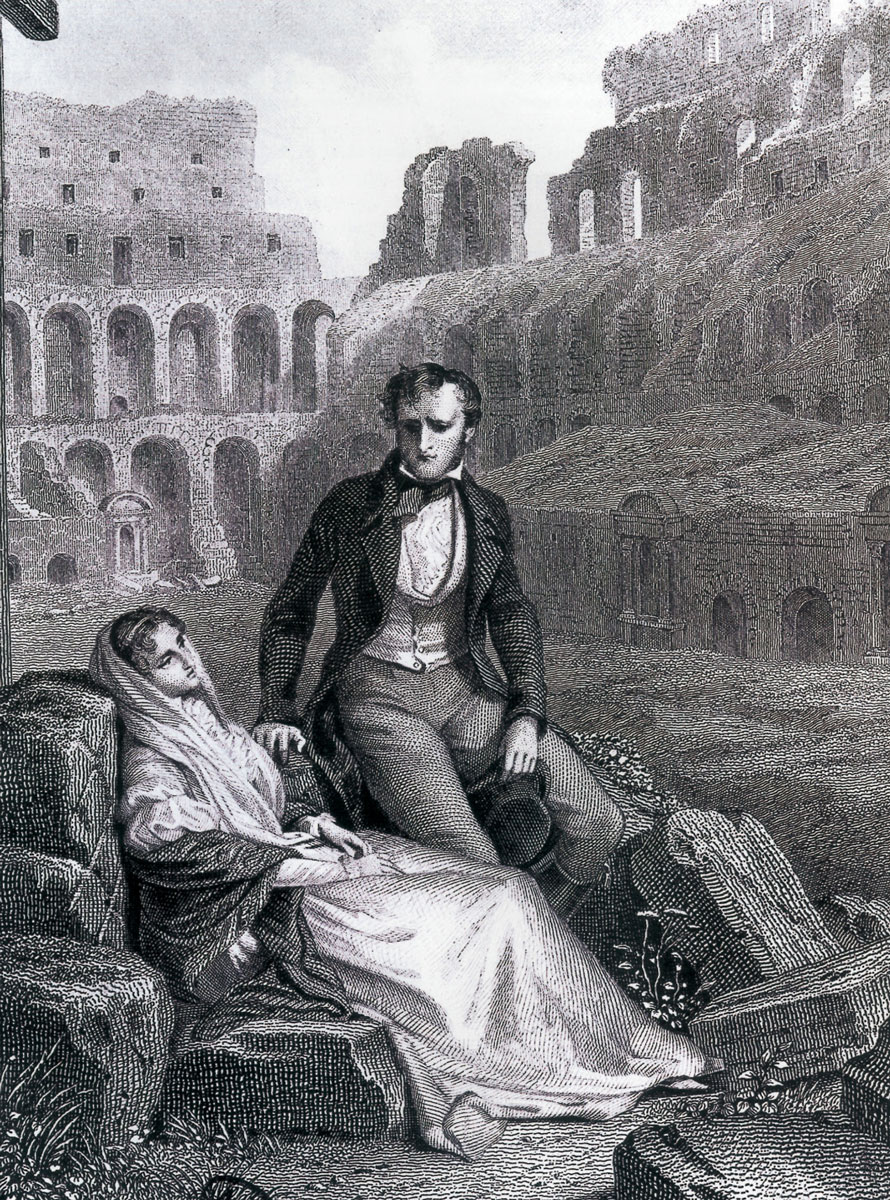Jean Charles Pradinel’s illustration after Félix Philippoteaux, titled “Chateaubriand and Pauline de Beaumont in the Ruin of the Colosseum.”