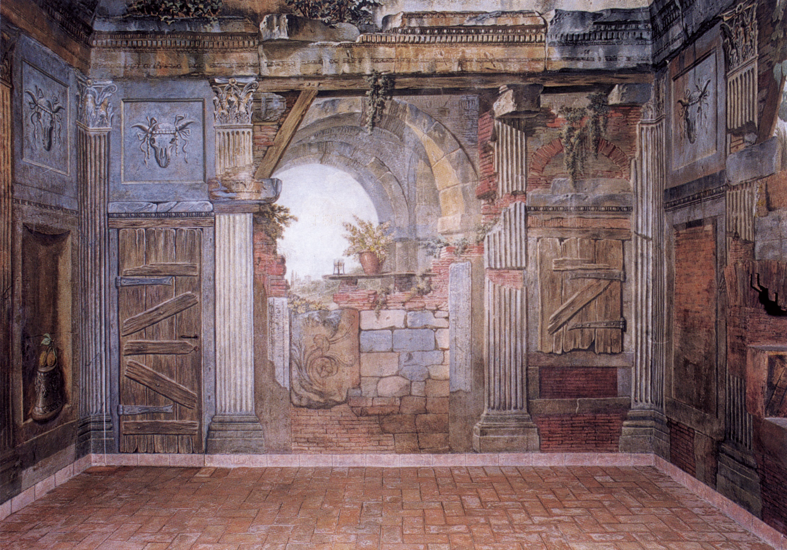 Two photographs of a cell at the Convent of Santa Clara at Santa Trinità dei Monti, Rome. The cell, with a trompe-l’oeil interior that represents a ruined temple, was painted in the seventeen sixties by the French artist Charles-Louis Clérisseau. The second image from circa two thousand shows the same wall after a recent restoration in which the modern door was again replaced by a boarded-up panel. The room’s furniture, which includes a desk, table and chairs that Clérriseau designed to resembled crumbling fragments, has been lost. Christopher Woodward, in his book “In Ruins,” writes that “for a very long time this room was known only by the design drawings and it was assumed to have disappeared, but in the nineteen sixties it was discovered intact. … The room was made for Father LeSueur, a monk who was also a mathematician of distinction. One trompe-l’oeil book is lettered ’NEWTON’ on its spine. This was his bedroom and study and we can only speculate as to why he chose to live in ruins; was it, I wonder, a reminder that his scientific studies were only a particle of dust in God’s scheme?”