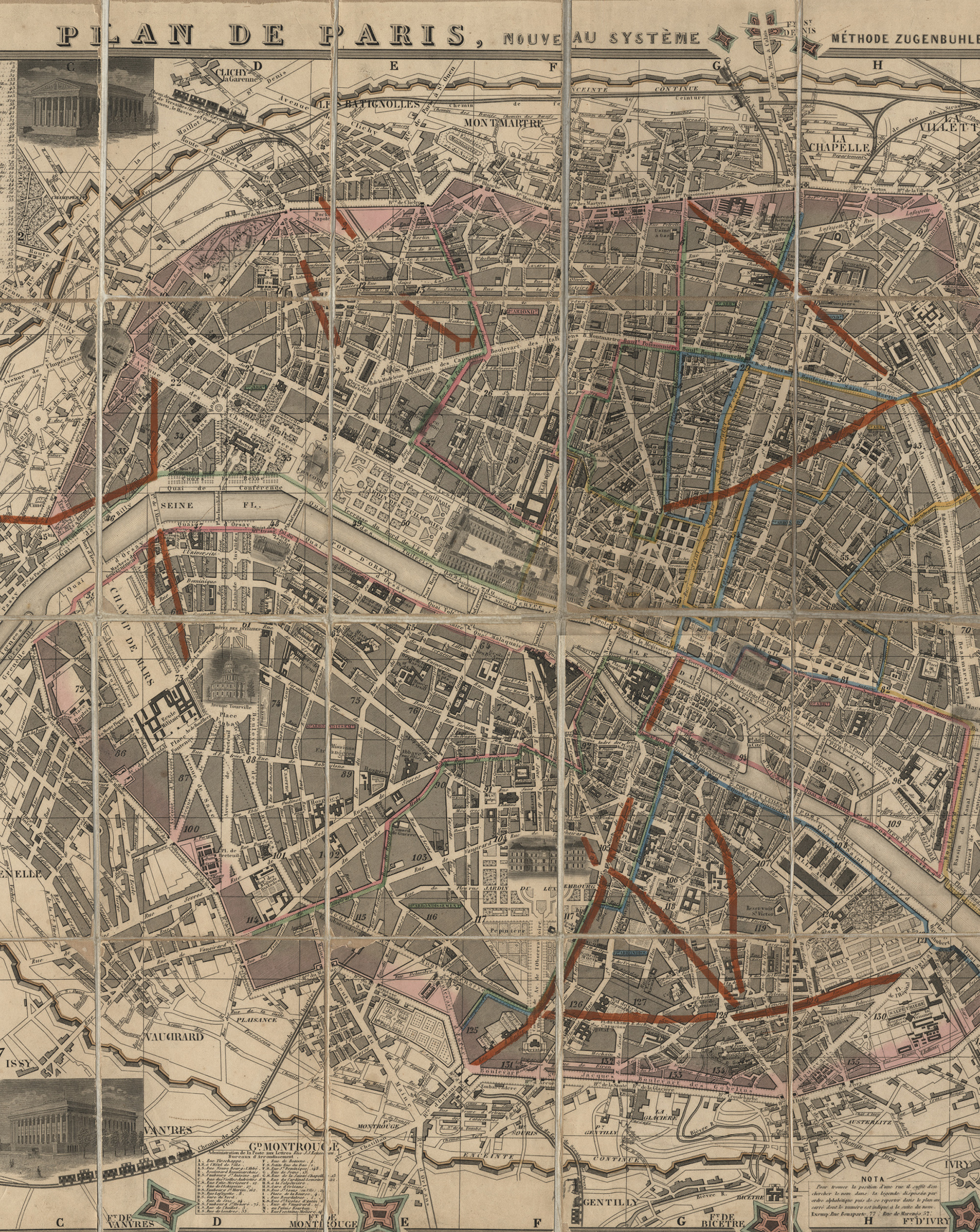 One of a series of nineteenth-century annual maps depicting the projected
road construction of Paris. This 1859 map includes the cut for the new
rue Monge (indicated by one of the brown lines in the lower right), which would
uncover the arènes de Lutèce.