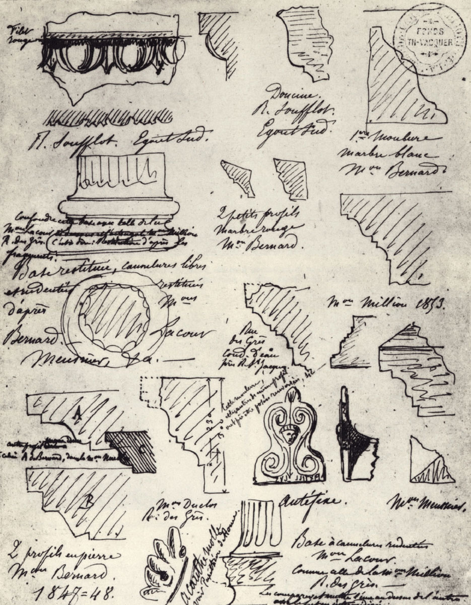 Théodore Vacquer’s sketches of artifacts excavated from the forum
on rue Sufflot, ca. 1847.