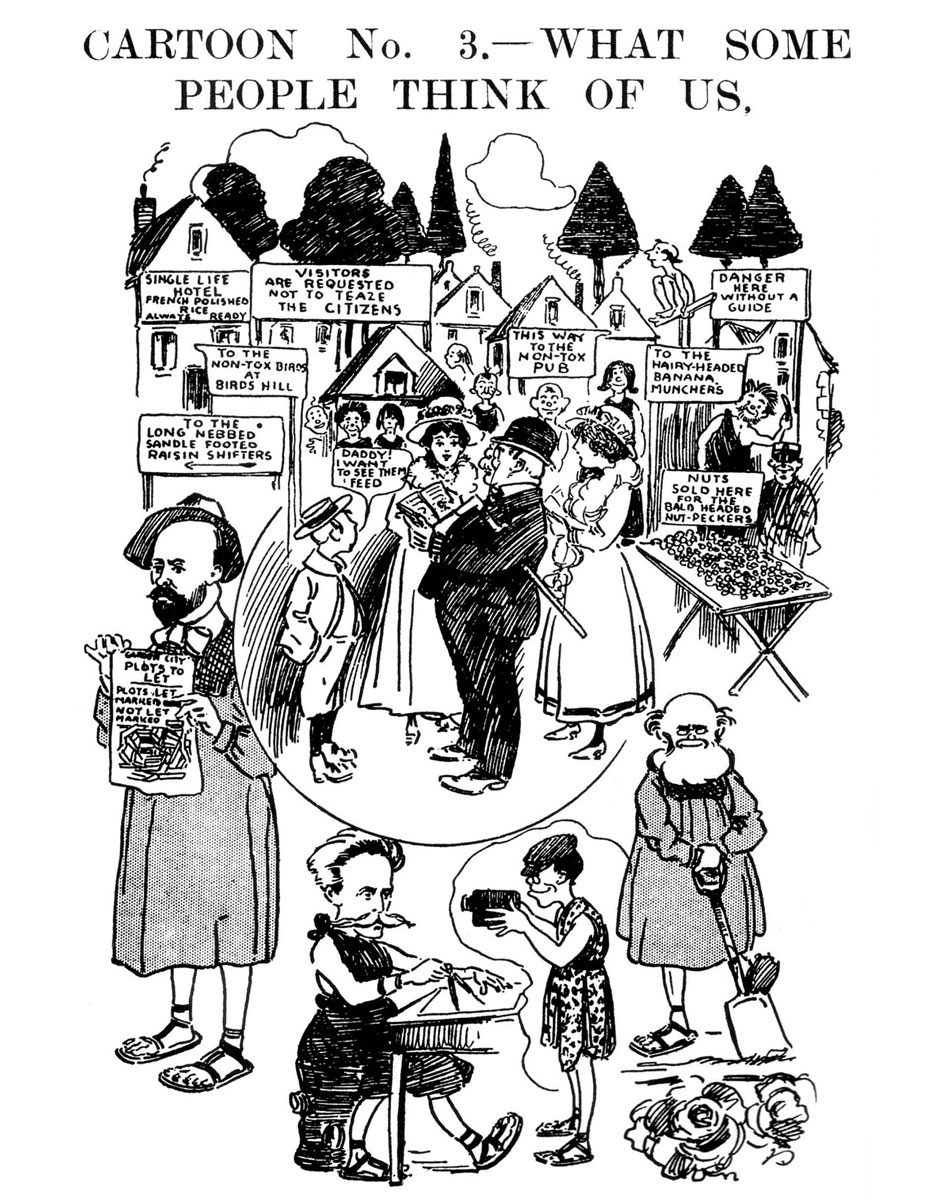 Cartoon by Louis Weirter, published in the local paper The Citizen, 1909. Courtesy First Garden City Heritage Museum of the Letchworth Garden City Heritage Foundation.