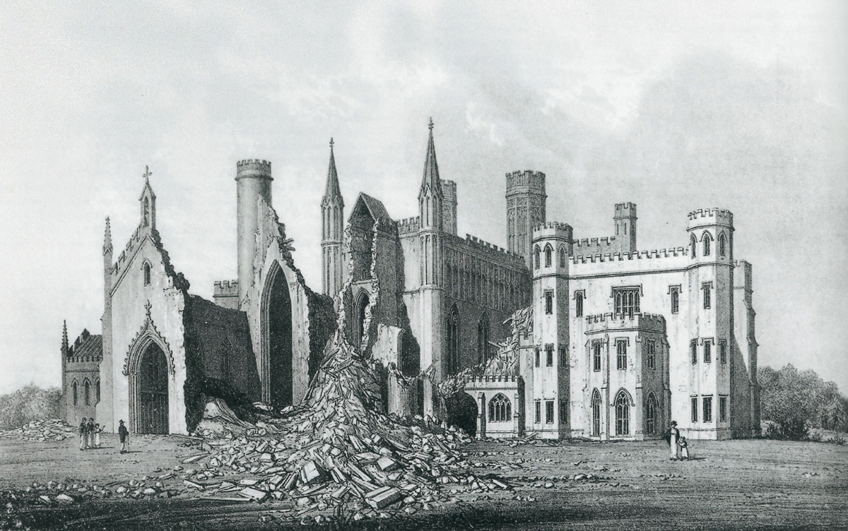 A 1825 illustration by John Buckler titled “The Ruins of Fonthill Abbey.”