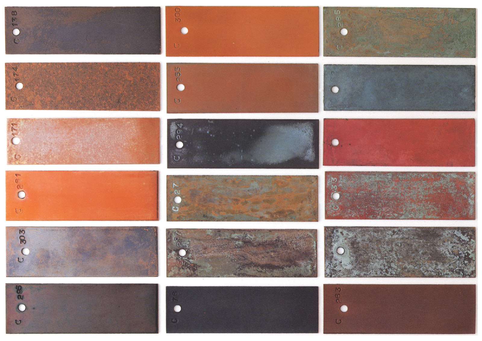A postcard depicting 18 color swatches of various copper patinas.