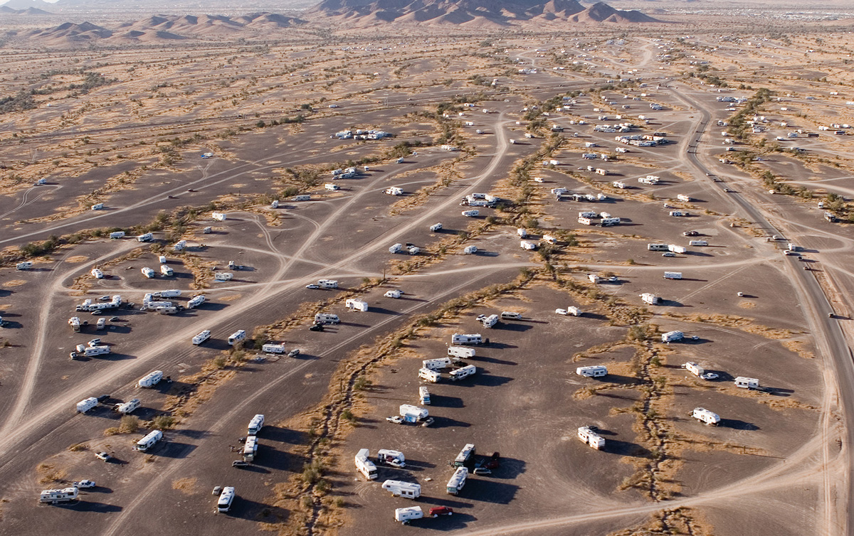 An aerial view of roads and vehicles in Quartzsite.