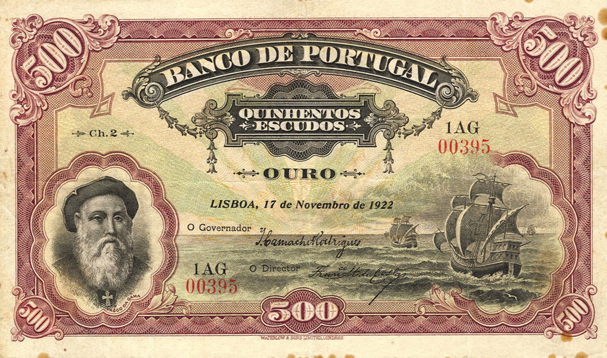 An official five-hundred-escudo bill printed by Waterlow & Sons, London, in 1922. Courtesy Mike Jowett.