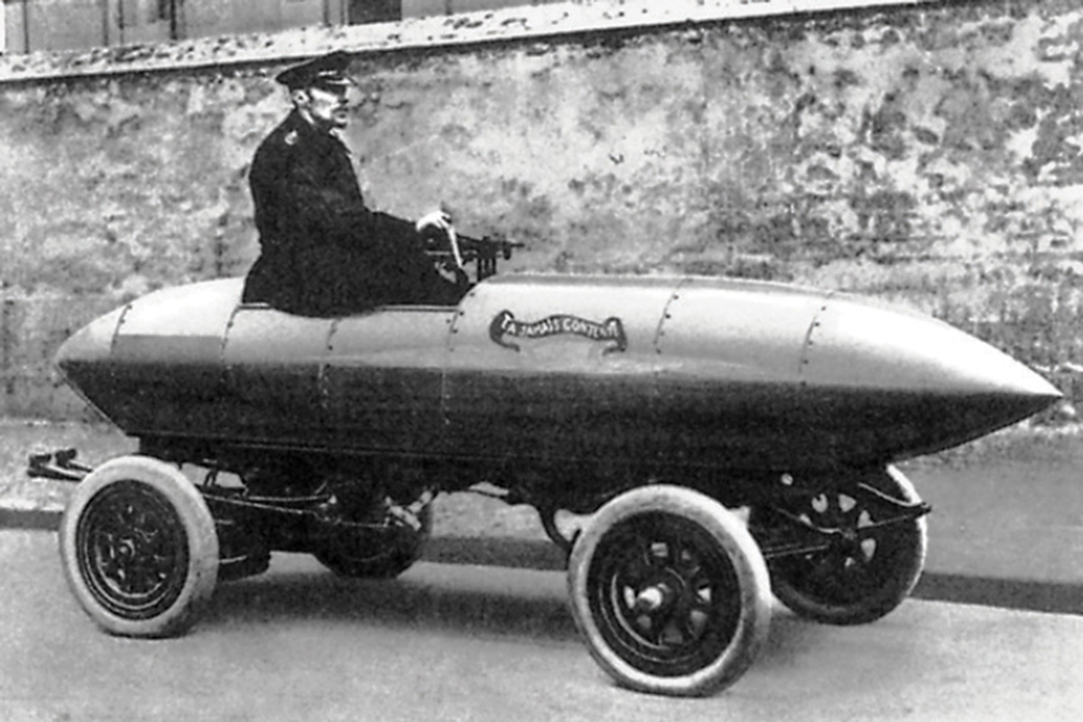 “La Jamais Contente,” the first car to exceed 100 km/h, France, 1899.