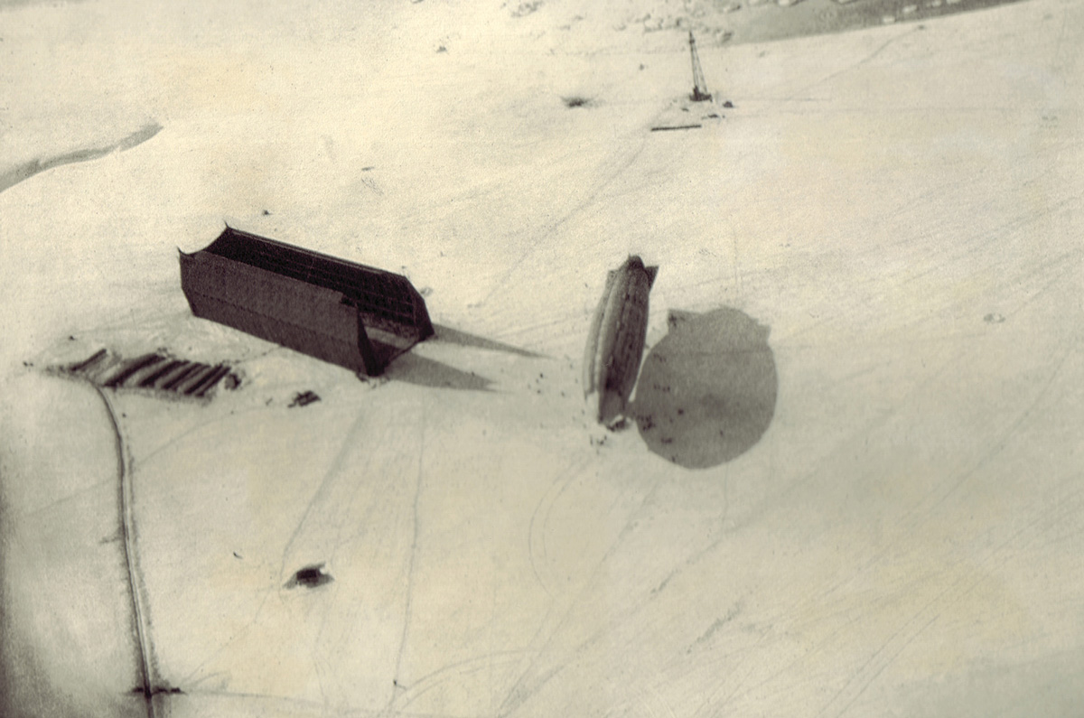 An aerial photograph of the Norge moored in a snowy field. From the nineteen twenty nine book 