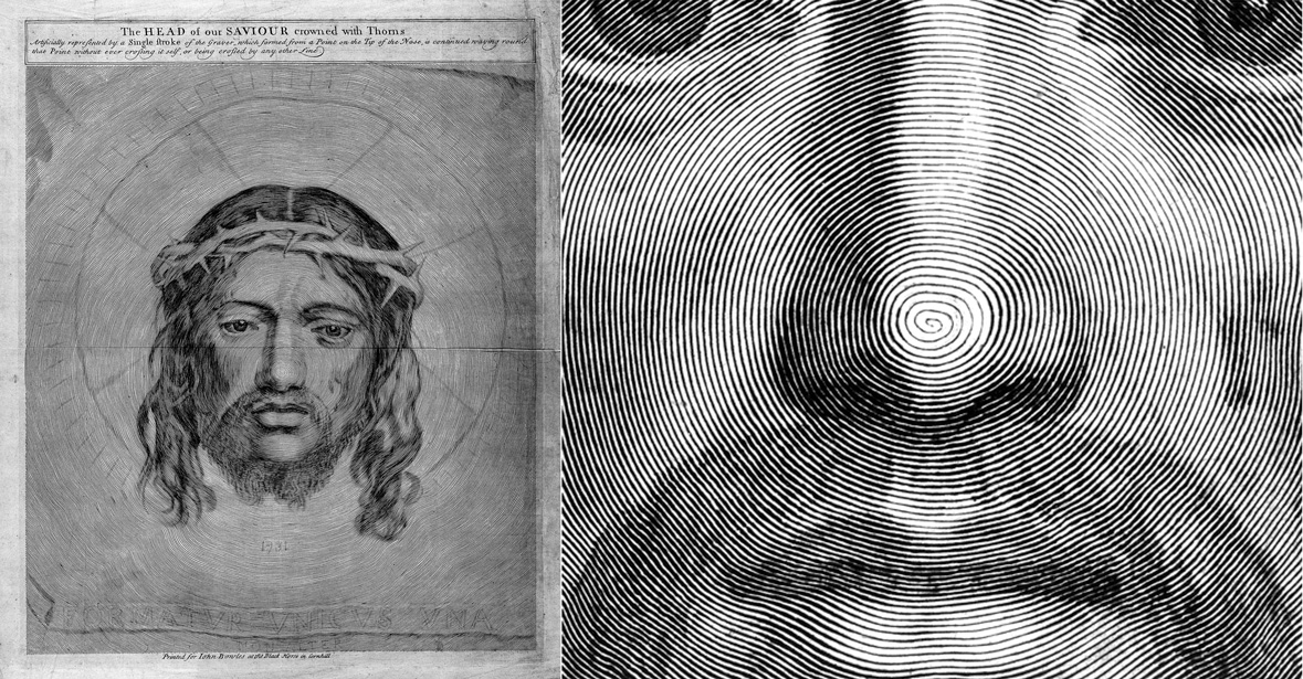 Two images. Claude Mellan's sixteen forty nine drawing titled