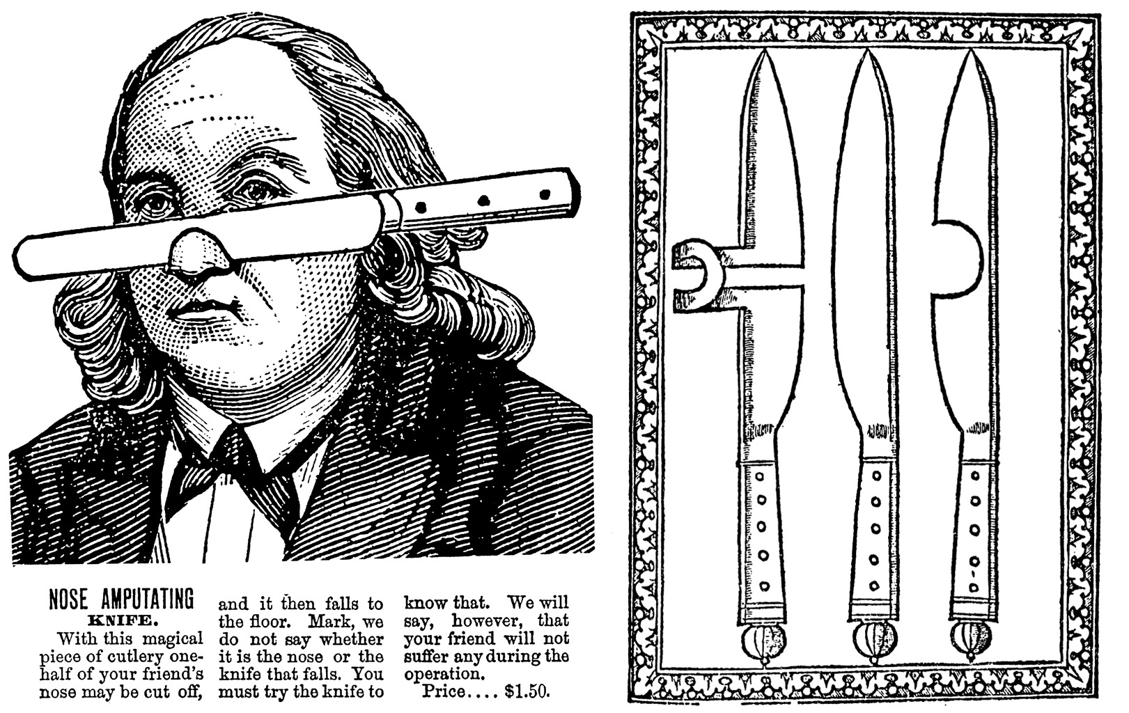 Two images. A woodcut of a novelty