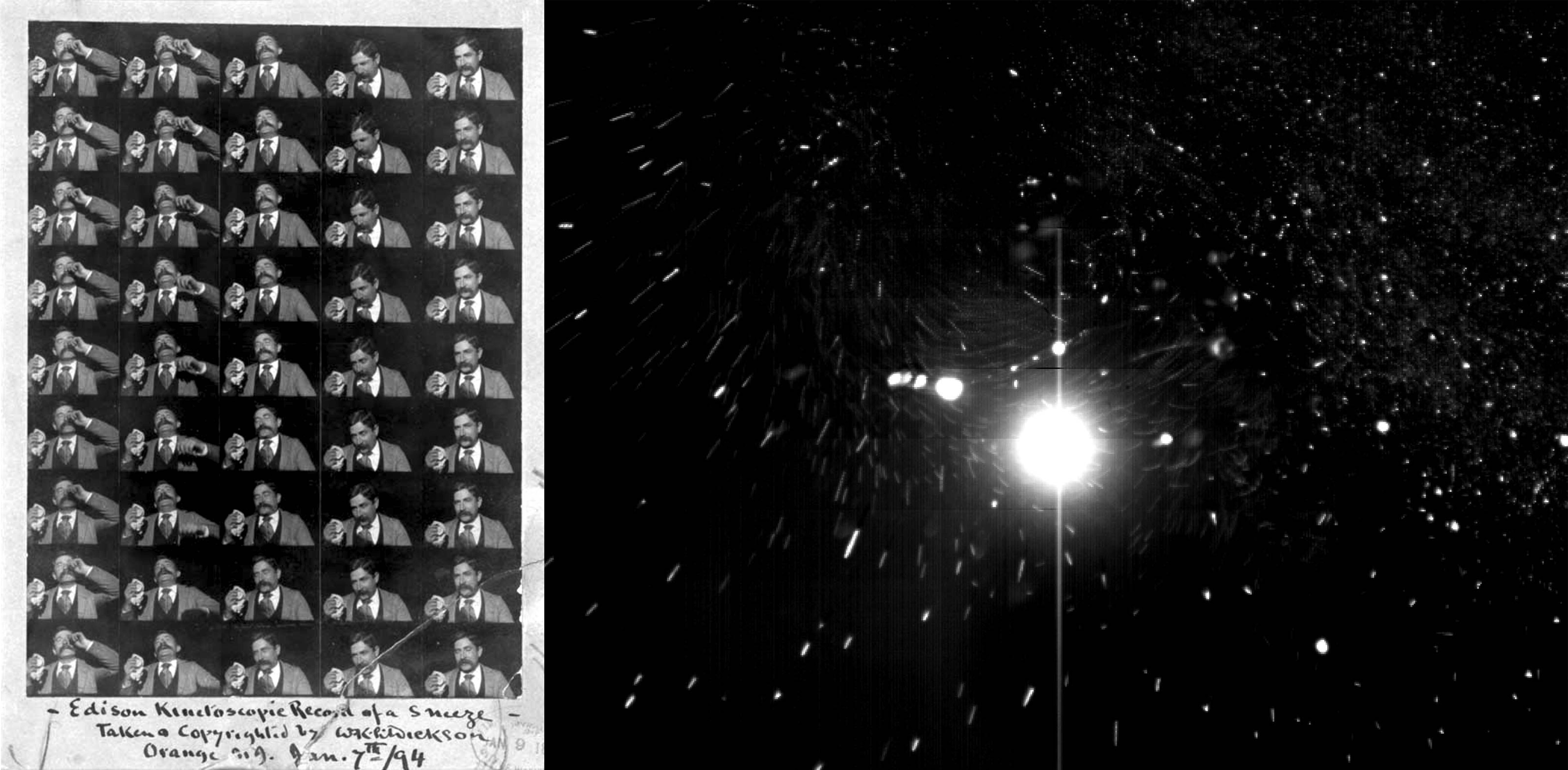 Two images. A series of stills from William Kennedy-Laurie Dickson's eighteen ninety four film,