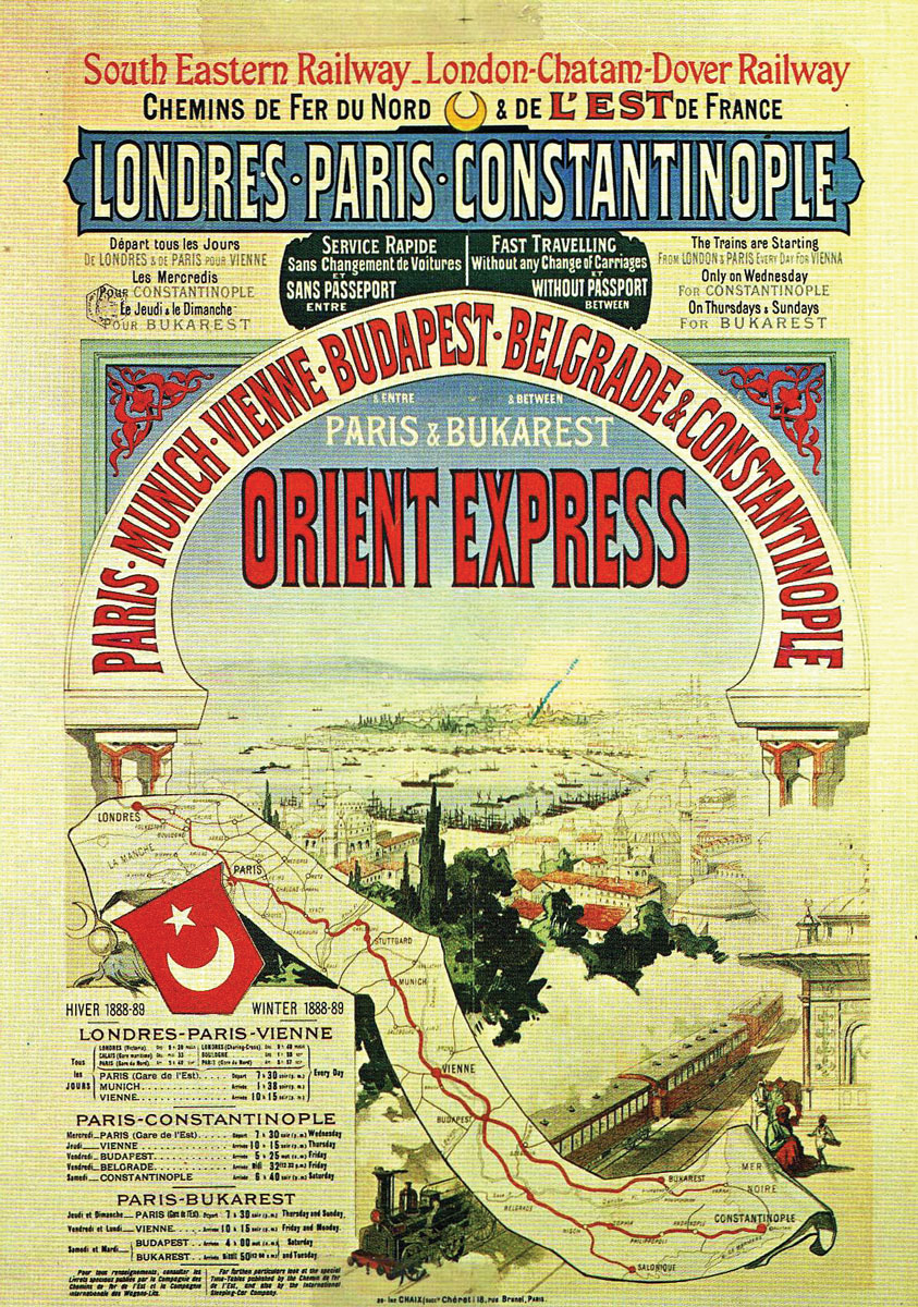 An 1888 advertisement for travel on the Orient Express. Note that no passport was needed between Paris and Constantinople.