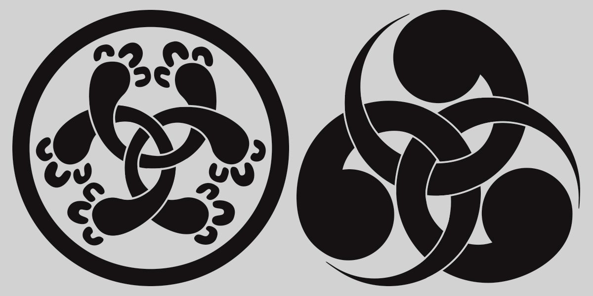Left: Japanese family crest. Right: Japanese family crest featuring the comma-shaped tomoe, a common design element in Japanese family emblems.