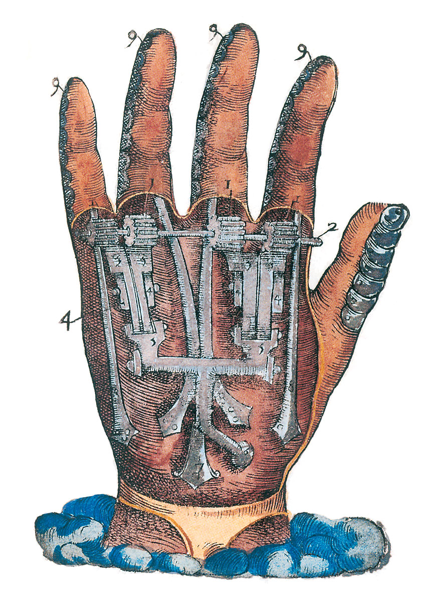 An illustration of an artificial hand, from Ambroise Paré’s fifteen sixty four book 